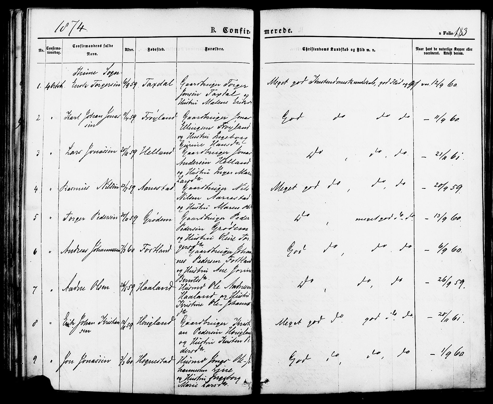 Lye sokneprestkontor, AV/SAST-A-101794/001/30BA/L0008: Parish register (official) no. A 7, 1872-1881, p. 183