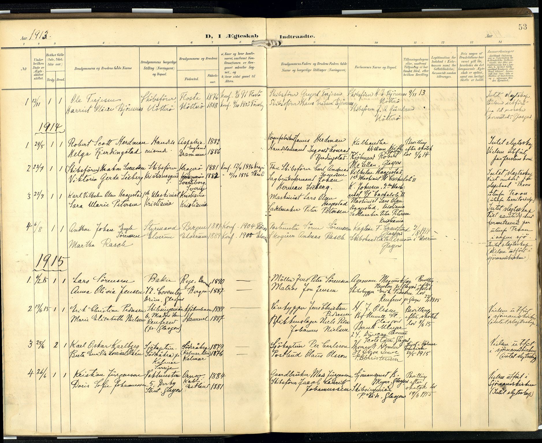 Den norske sjømannsmisjon i utlandet/Skotske havner (Leith, Glasgow), SAB/SAB/PA-0100/H/Ha/Hab/L0001: Parish register (official) no. A 1, 1902-1931, p. 52b-53a