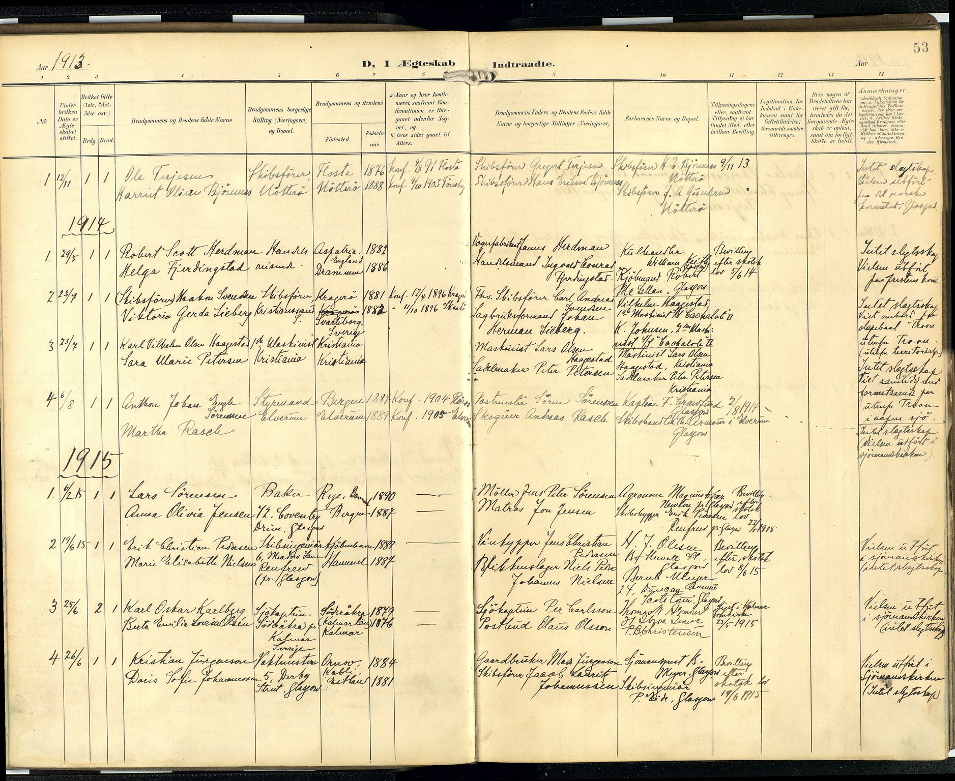 Den norske sjømannsmisjon i utlandet/Skotske havner (Leith, Glasgow), AV/SAB-SAB/PA-0100/H/Ha/Hab/L0001: Parish register (official) no. B 1, 1902-1931, p. 52b-53a