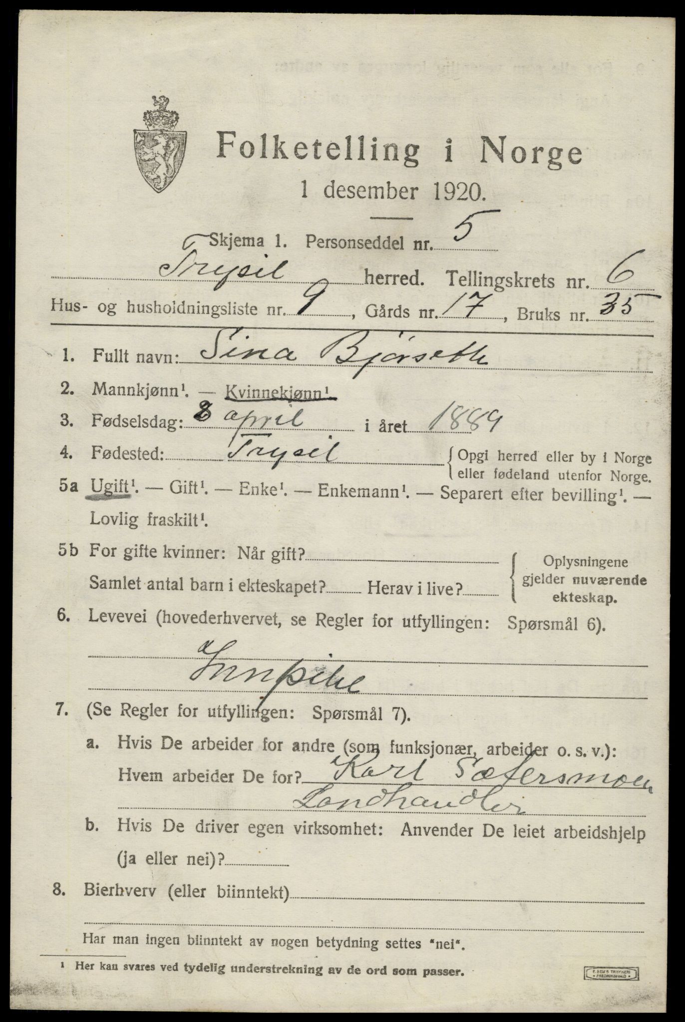 SAH, 1920 census for Trysil, 1920, p. 4643