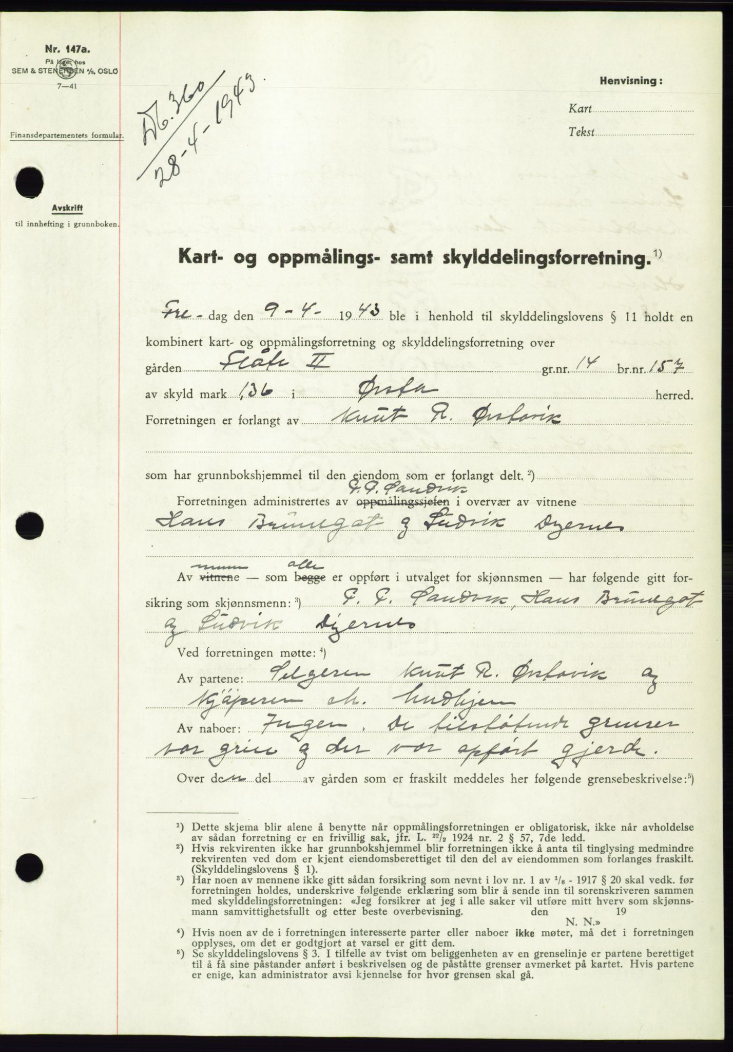 Søre Sunnmøre sorenskriveri, AV/SAT-A-4122/1/2/2C/L0075: Mortgage book no. 1A, 1943-1943, Diary no: : 360/1943