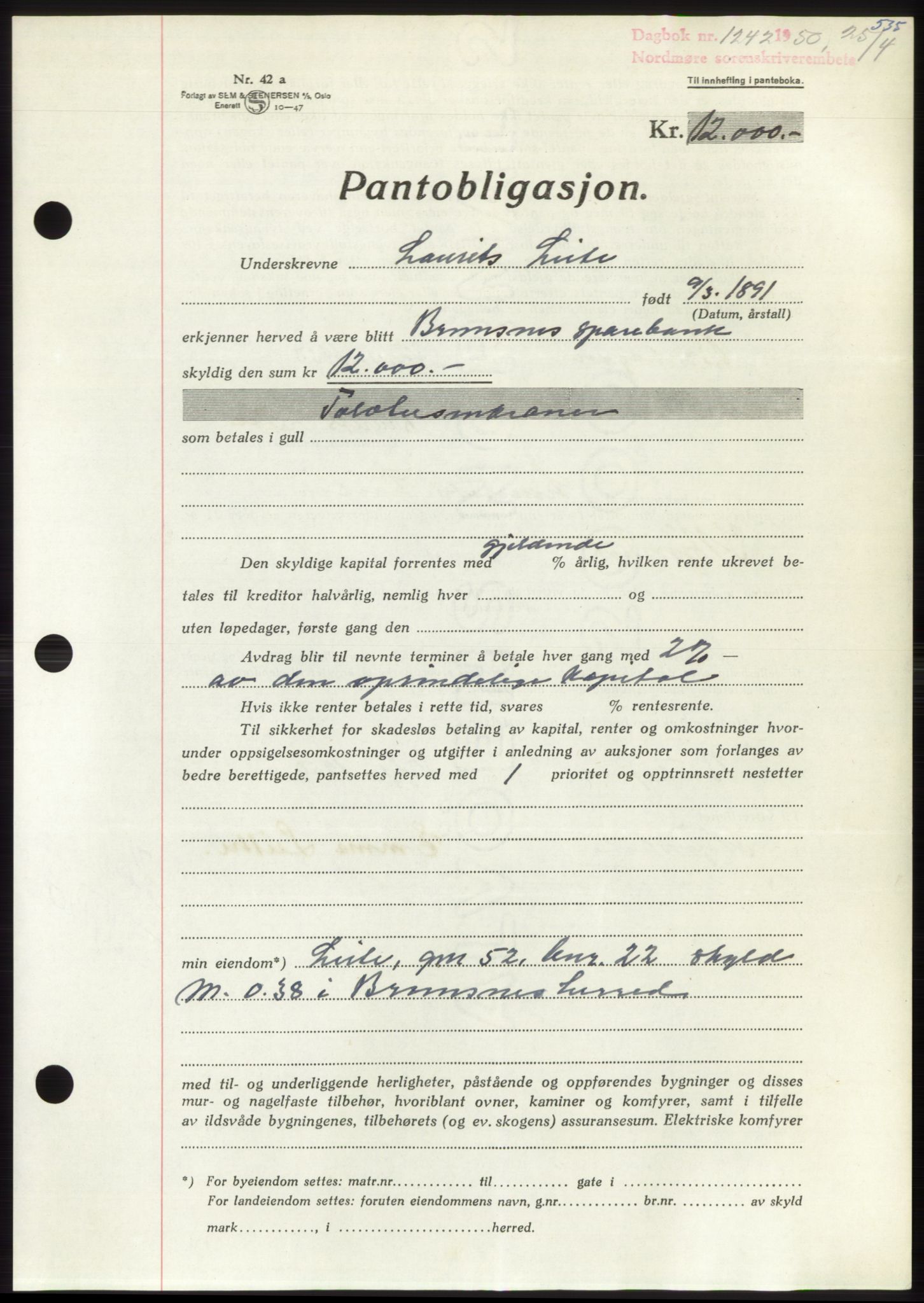 Nordmøre sorenskriveri, AV/SAT-A-4132/1/2/2Ca: Mortgage book no. B104, 1950-1950, Diary no: : 1242/1950