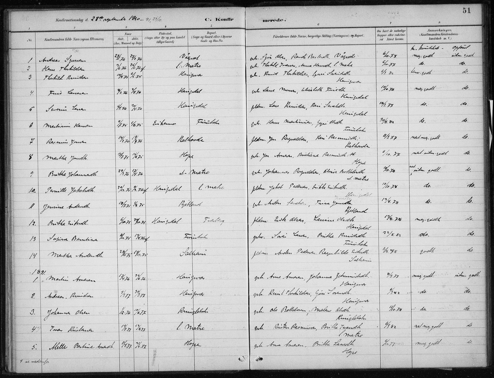 Masfjorden Sokneprestembete, AV/SAB-A-77001: Parish register (official) no. C  1, 1882-1896, p. 51