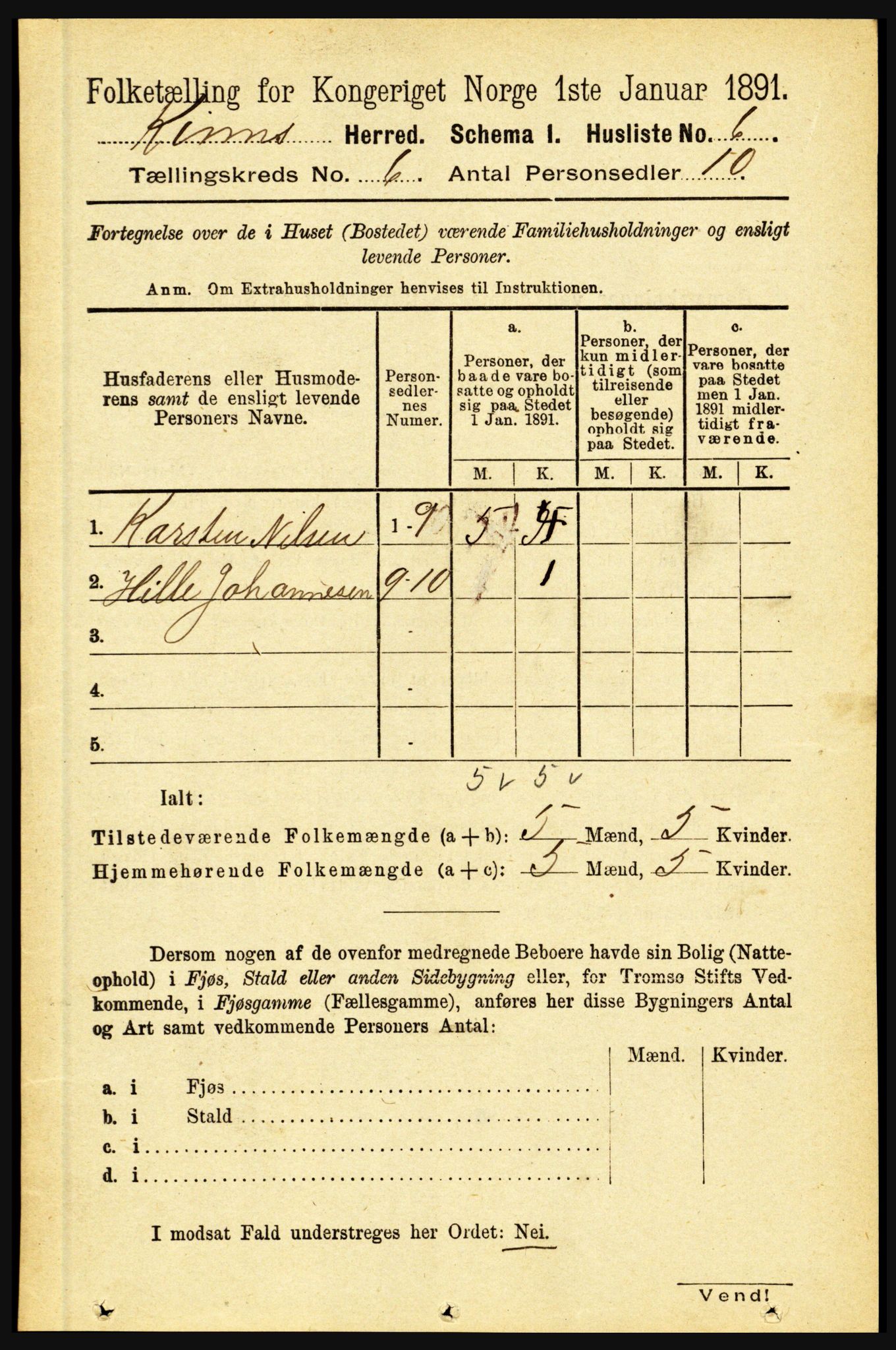 RA, 1891 census for 1437 Kinn, 1891, p. 2218