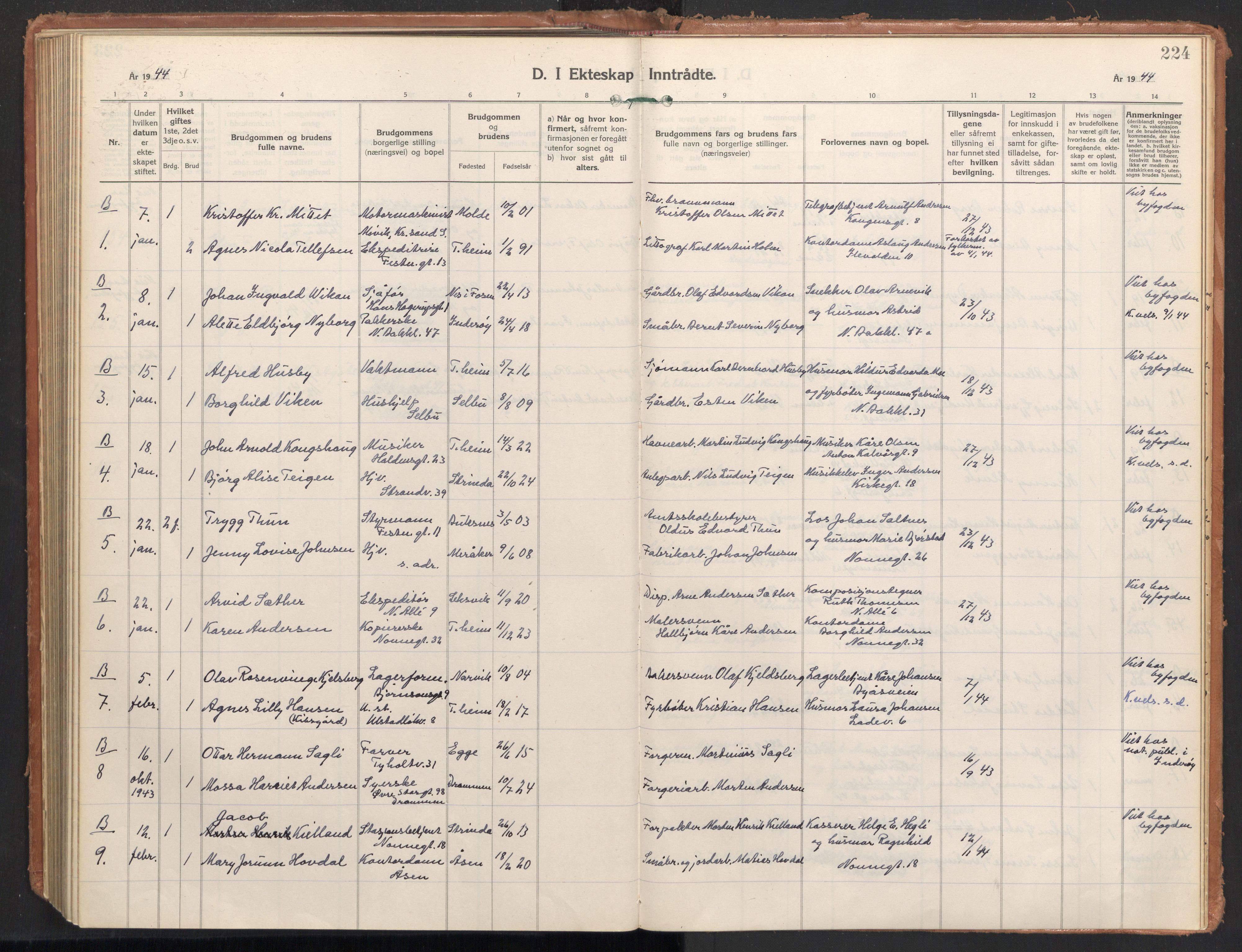 Ministerialprotokoller, klokkerbøker og fødselsregistre - Sør-Trøndelag, SAT/A-1456/604/L0209: Parish register (official) no. 604A29, 1931-1945, p. 224