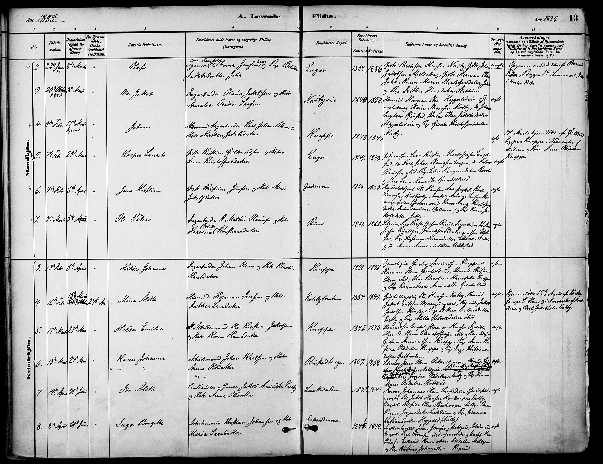 Nannestad prestekontor Kirkebøker, SAO/A-10414a/F/Fa/L0014: Parish register (official) no. I 14, 1881-1890, p. 13