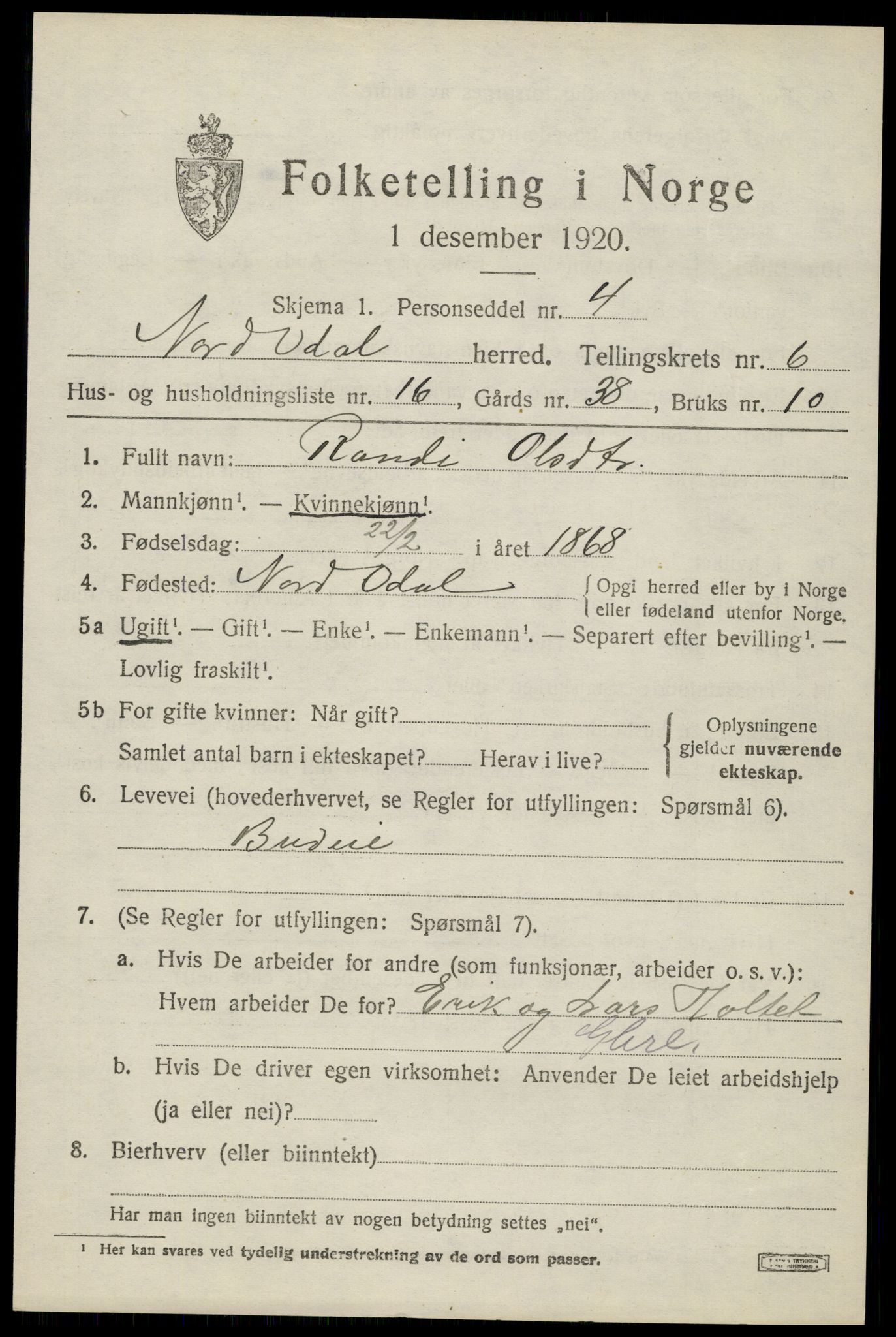 SAH, 1920 census for Nord-Odal, 1920, p. 6793