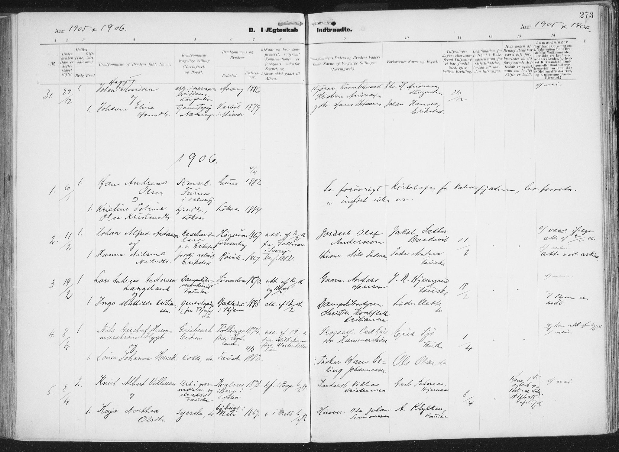 Ministerialprotokoller, klokkerbøker og fødselsregistre - Nordland, SAT/A-1459/849/L0696: Parish register (official) no. 849A08, 1898-1910, p. 273