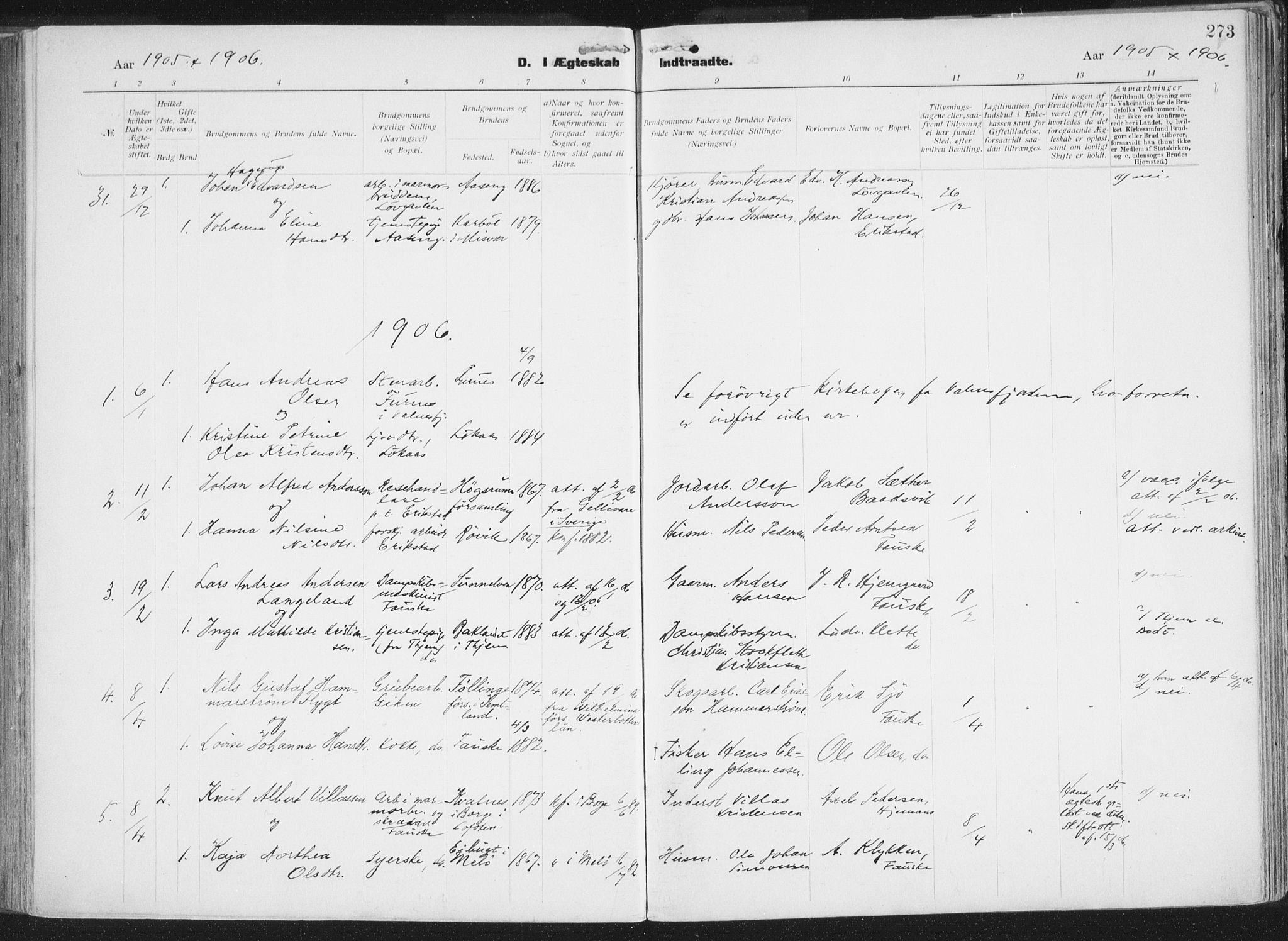 Ministerialprotokoller, klokkerbøker og fødselsregistre - Nordland, AV/SAT-A-1459/849/L0696: Parish register (official) no. 849A08, 1898-1910, p. 273