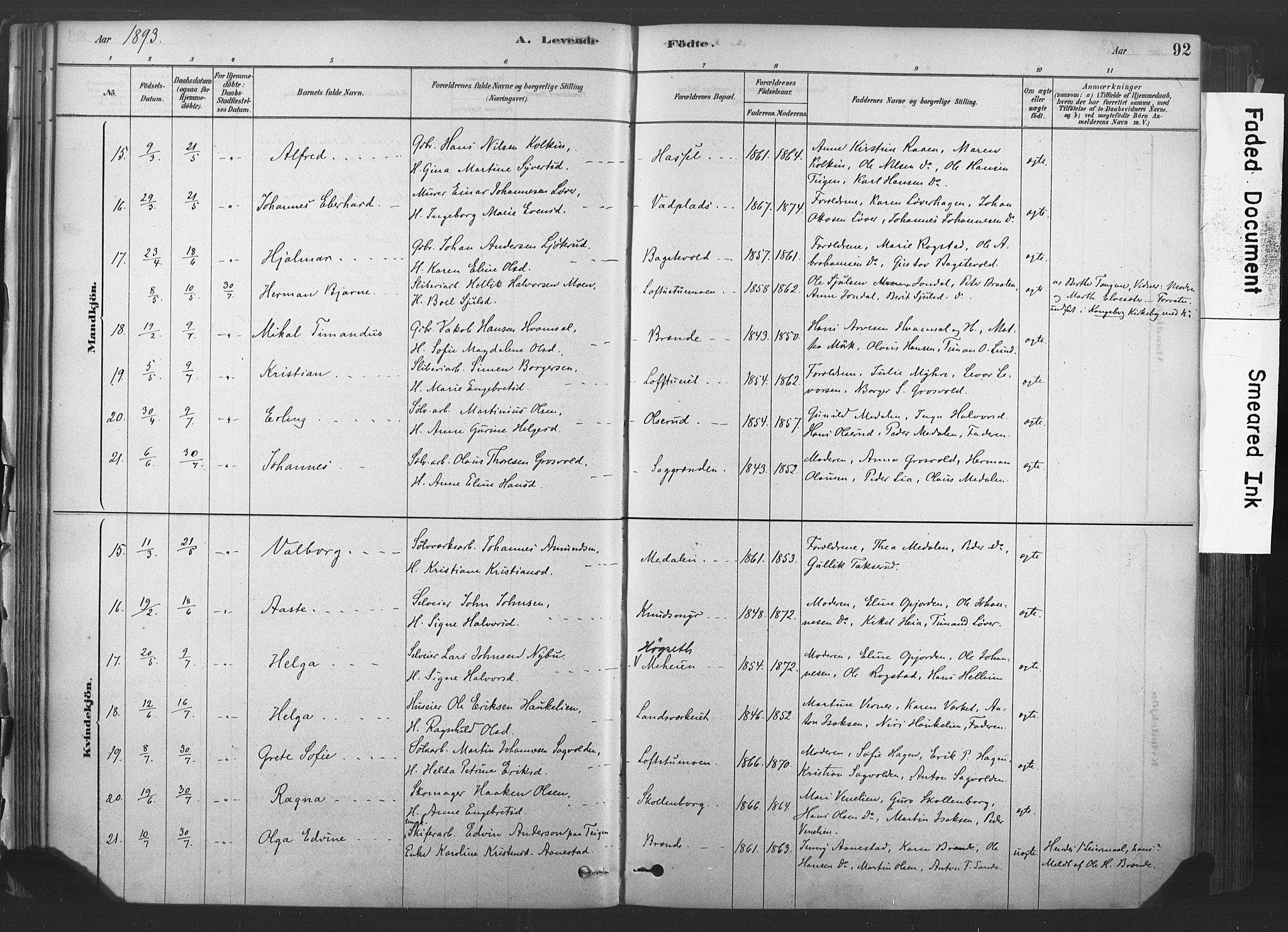 Sandsvær kirkebøker, AV/SAKO-A-244/F/Fd/L0001: Parish register (official) no. IV 1, 1878-1906, p. 92