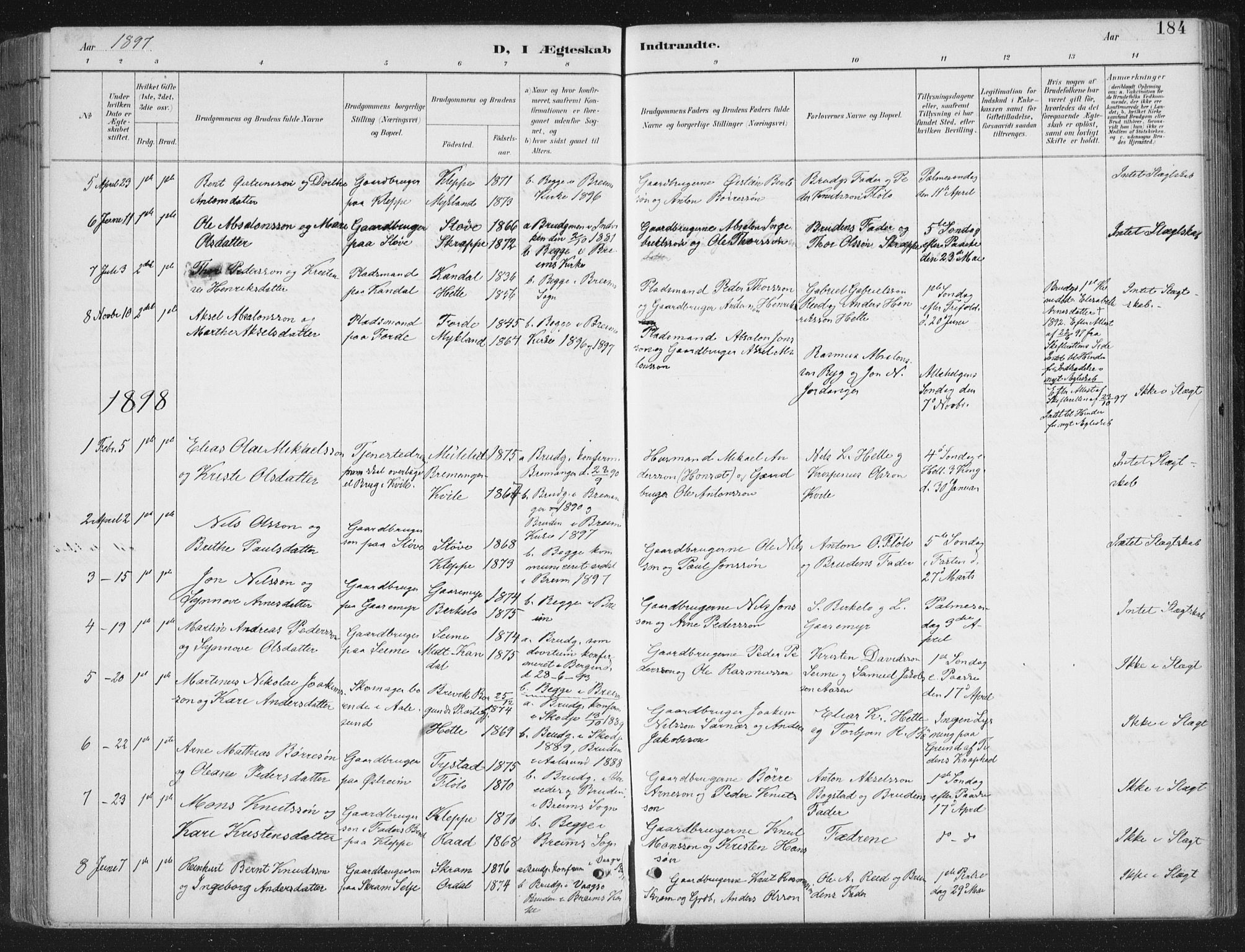 Gloppen sokneprestembete, SAB/A-80101/H/Haa/Haac/L0002: Parish register (official) no. C  2, 1887-1904, p. 184
