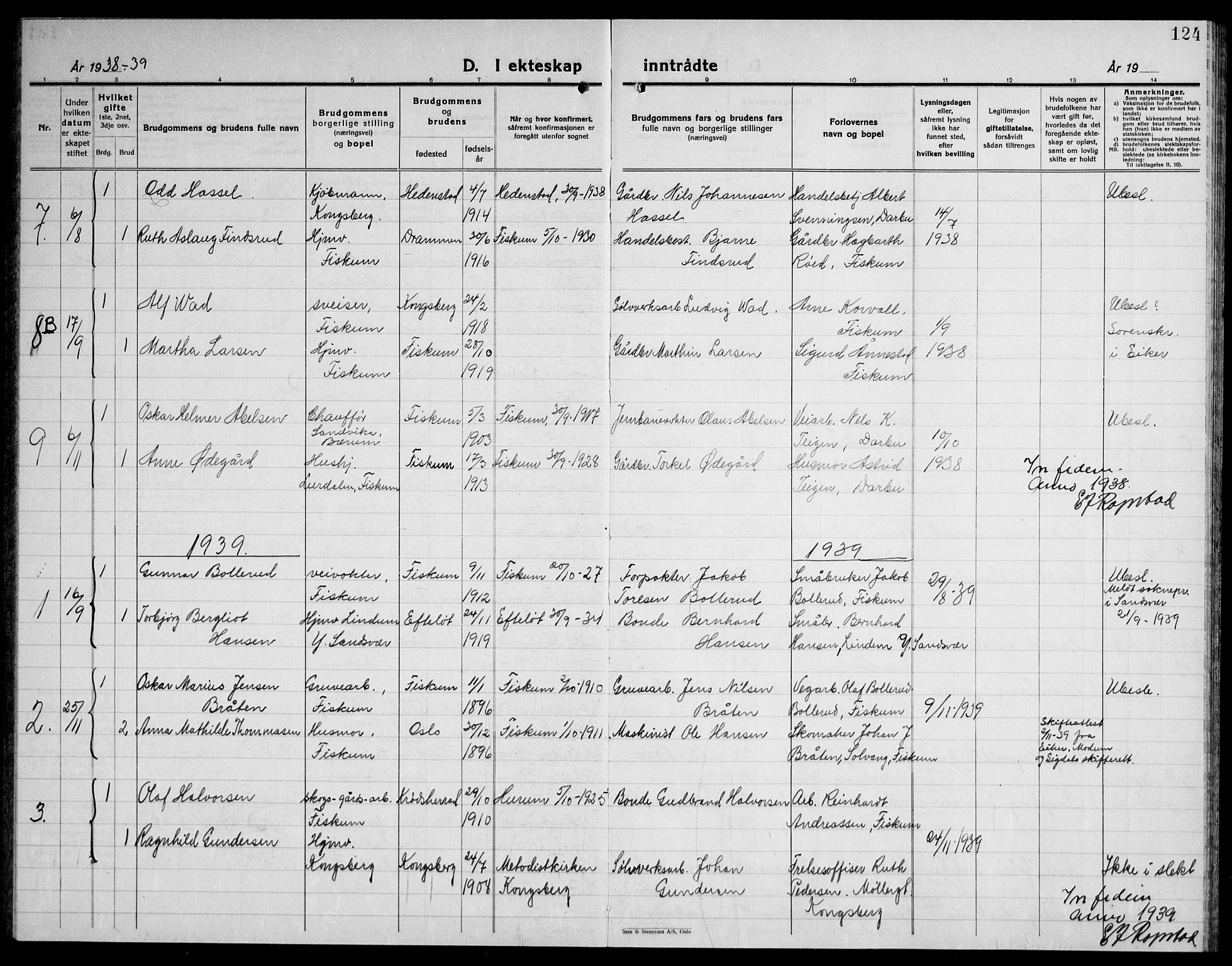 Fiskum kirkebøker, AV/SAKO-A-15/G/Ga/L0007: Parish register (copy) no. 7, 1928-1945, p. 124