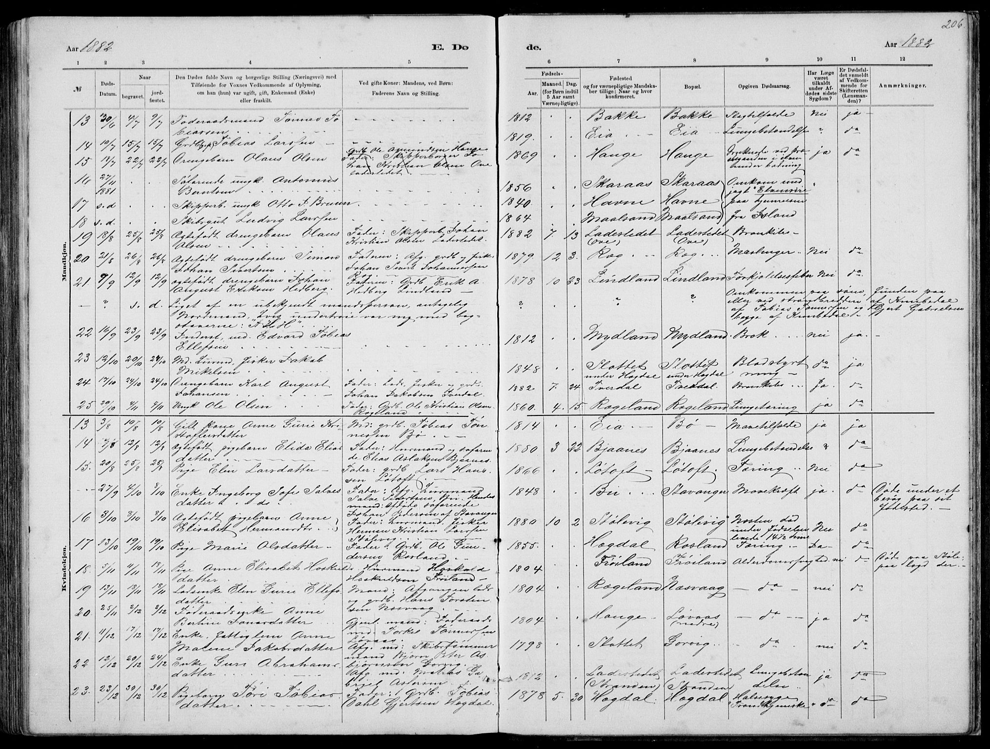 Sokndal sokneprestkontor, AV/SAST-A-101808: Parish register (copy) no. B 4, 1880-1891, p. 206