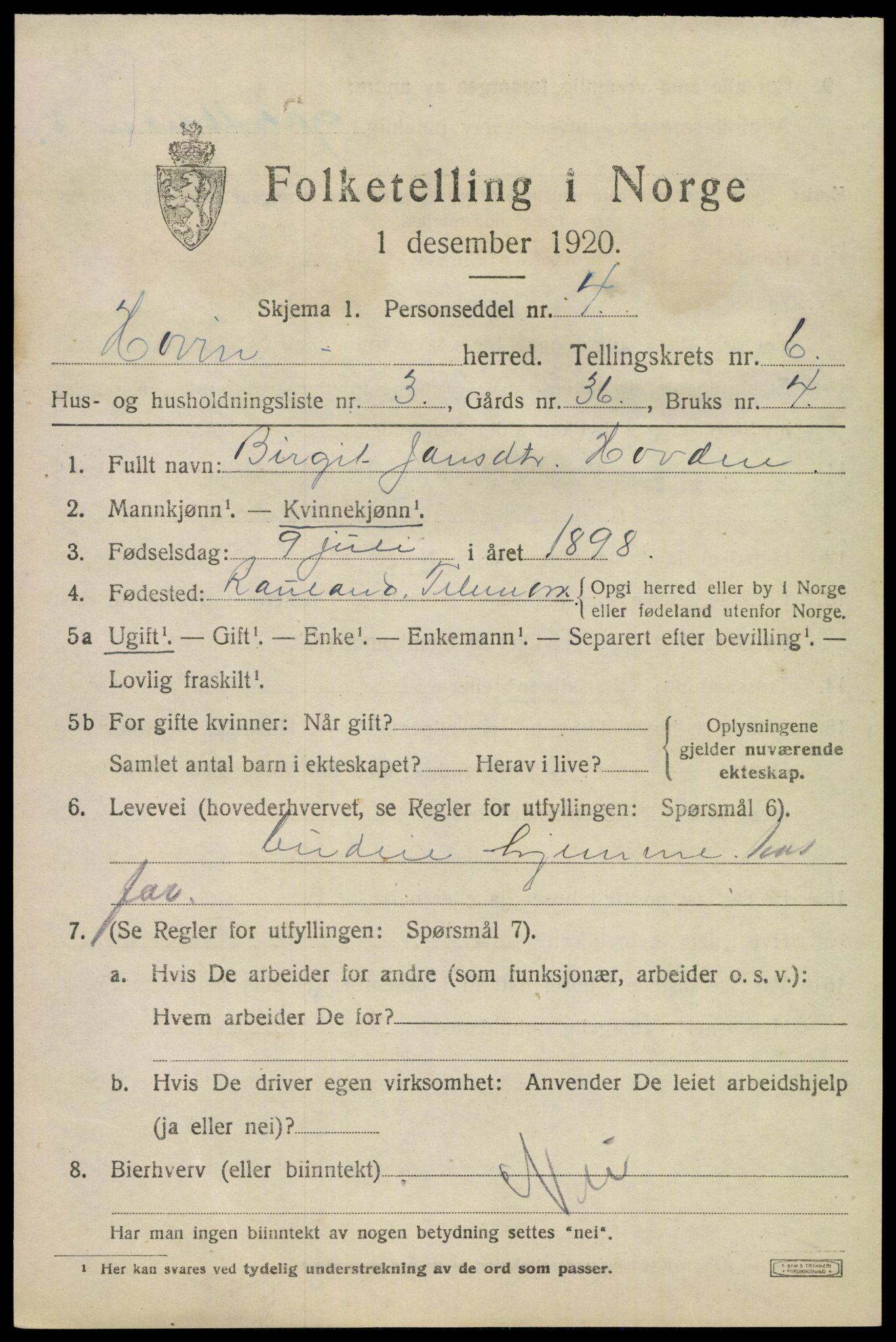 SAKO, 1920 census for Hovin, 1920, p. 1461