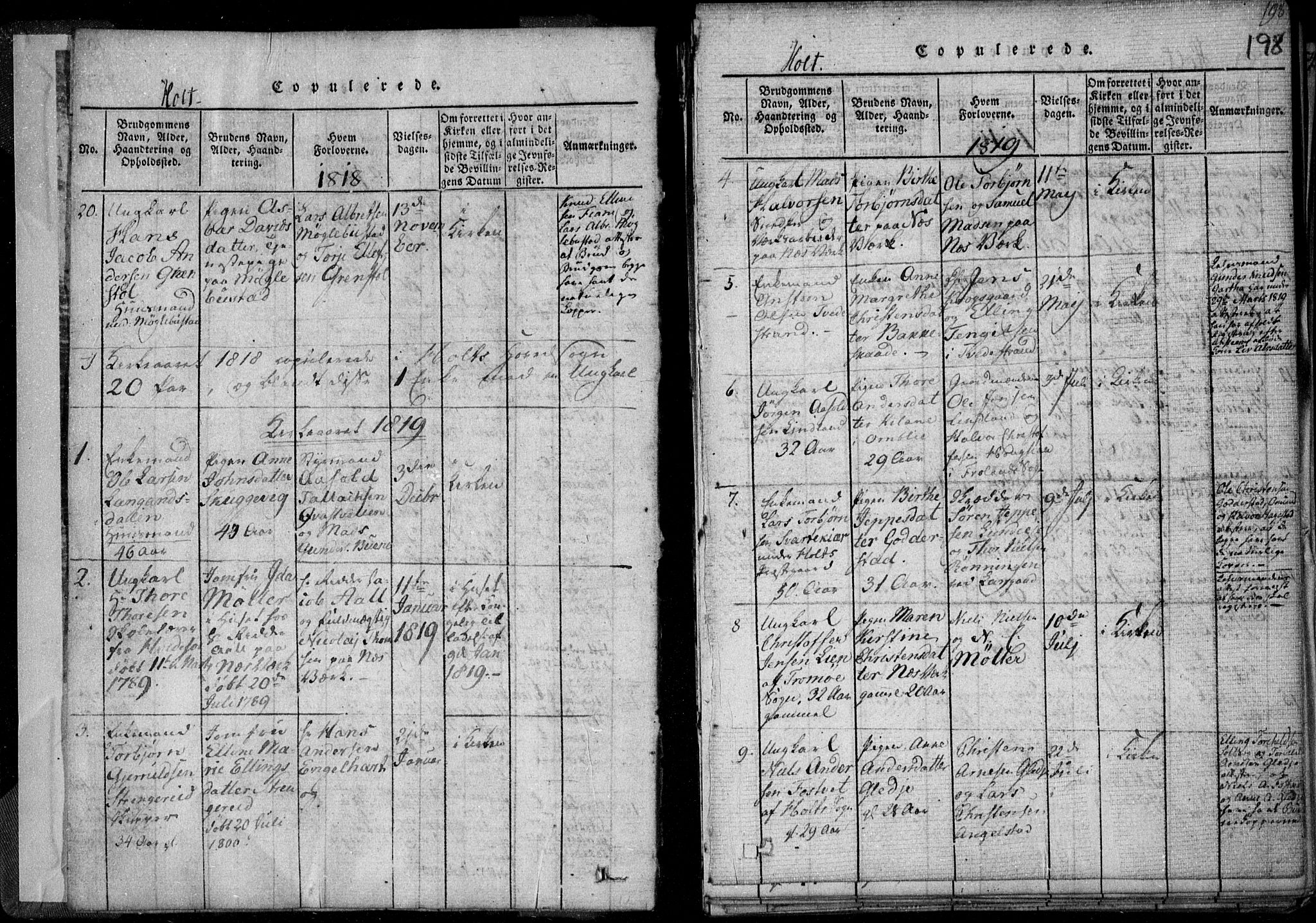 Holt sokneprestkontor, AV/SAK-1111-0021/F/Fa/L0005: Parish register (official) no. A 5, 1813-1821, p. 198