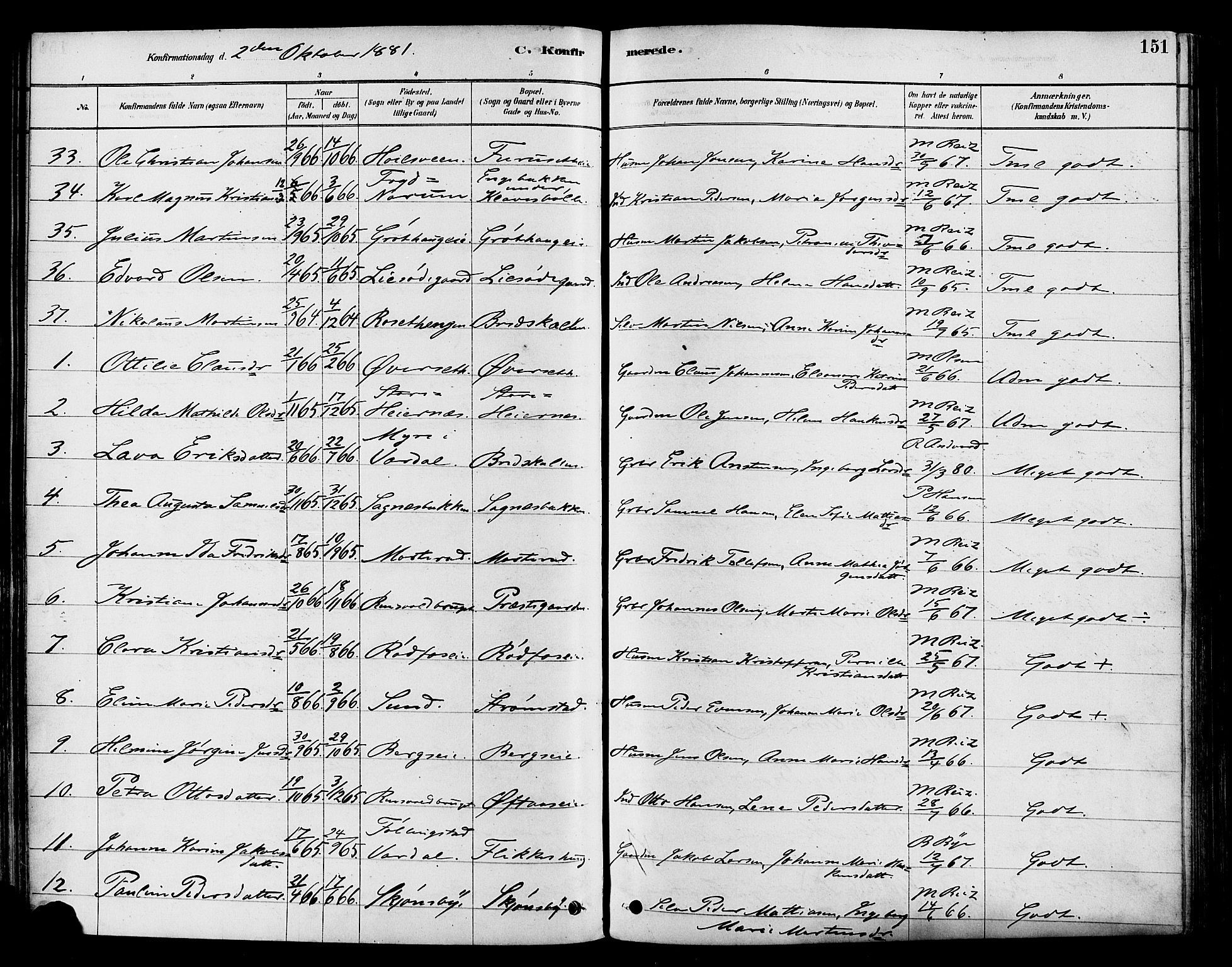 Vestre Toten prestekontor, SAH/PREST-108/H/Ha/Haa/L0009: Parish register (official) no. 9, 1878-1894, p. 151