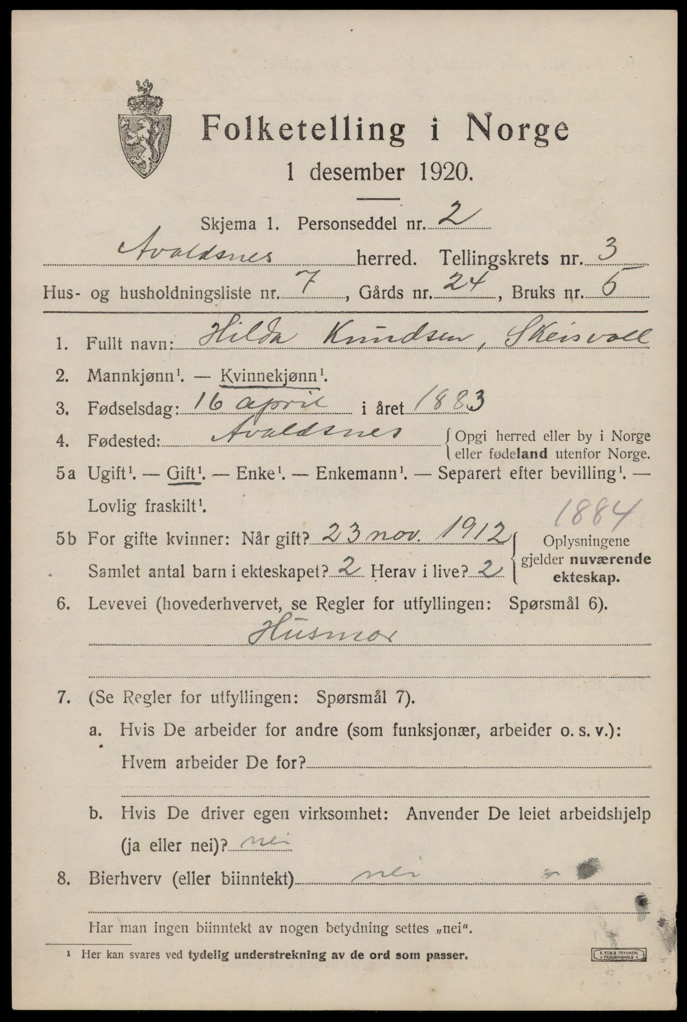 SAST, 1920 census for Avaldsnes, 1920, p. 2895