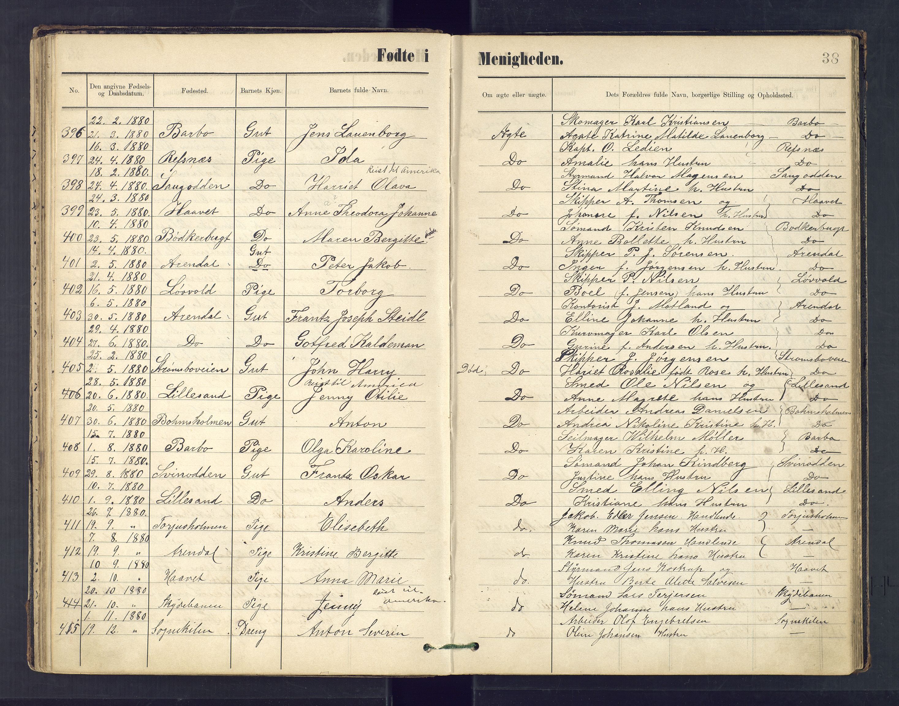 Metodistmenigheten, Arendal, SAK/1292-0011/F/Fa/L0003: Dissenter register no. 3, 1879-1893, p. 38