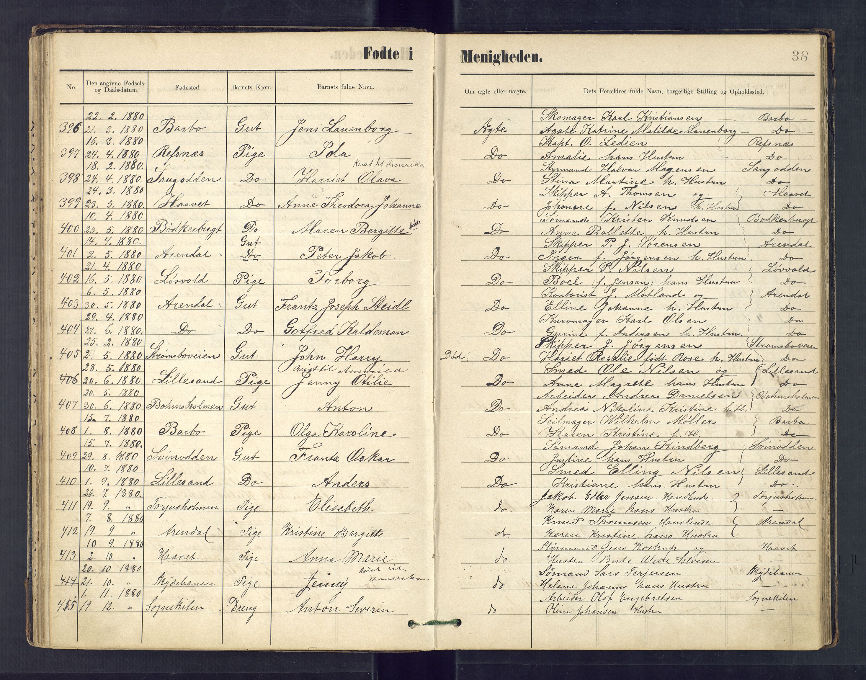 Metodistmenigheten, Arendal, AV/SAK-1292-0011/F/Fa/L0003: Dissenter register no. 3, 1879-1893, p. 38