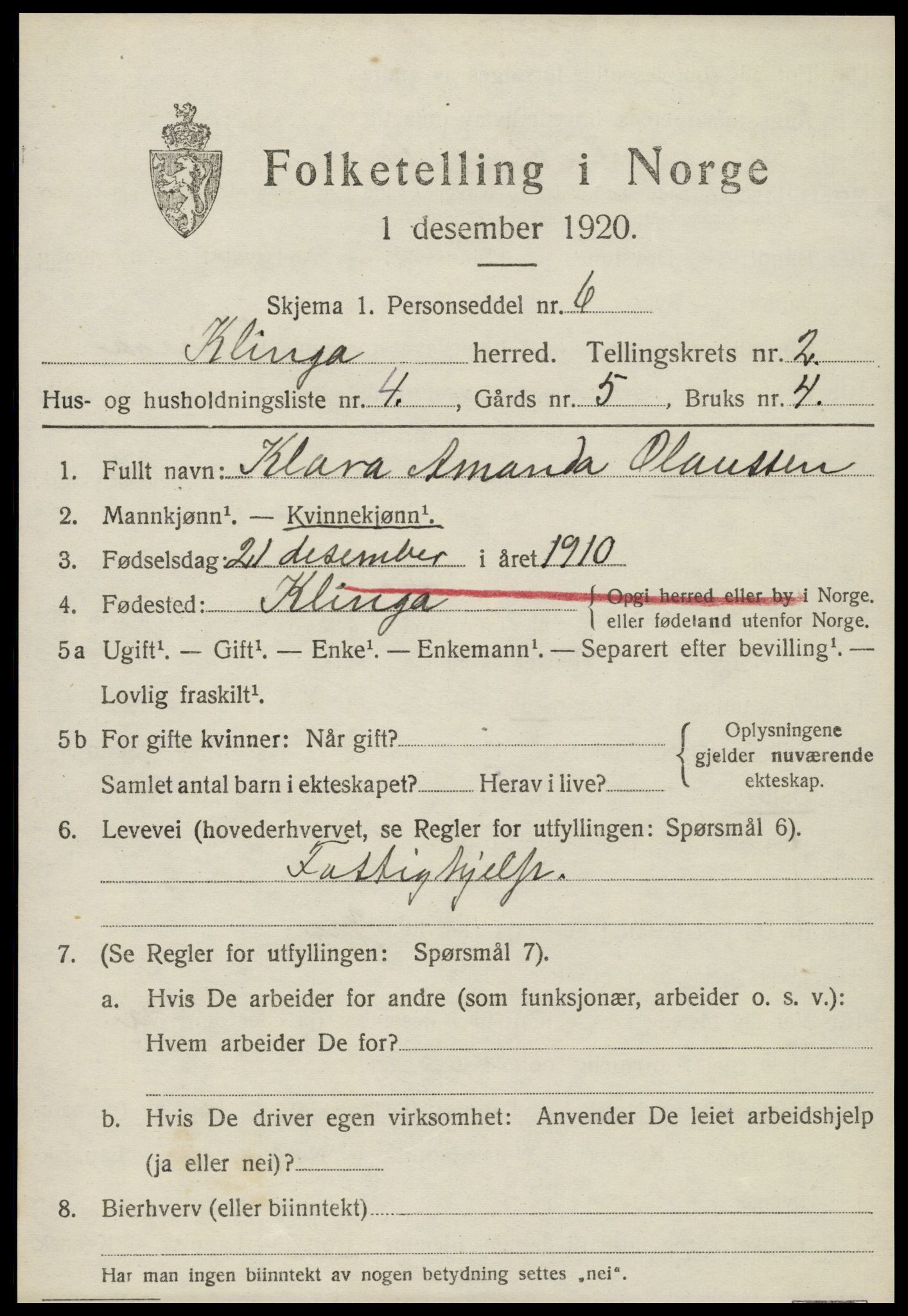 SAT, 1920 census for Klinga, 1920, p. 1429