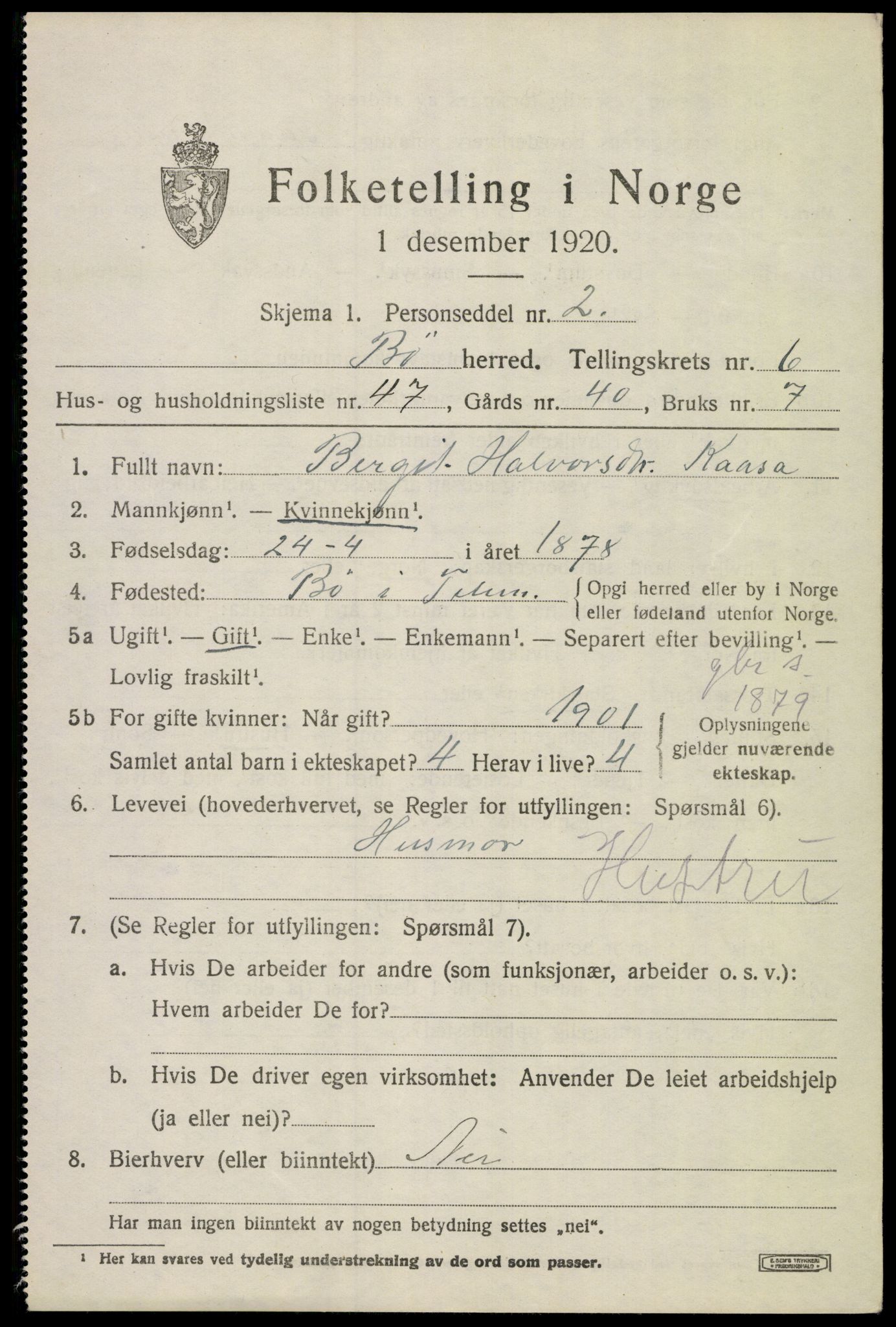 SAKO, 1920 census for Bø (Telemark), 1920, p. 4914