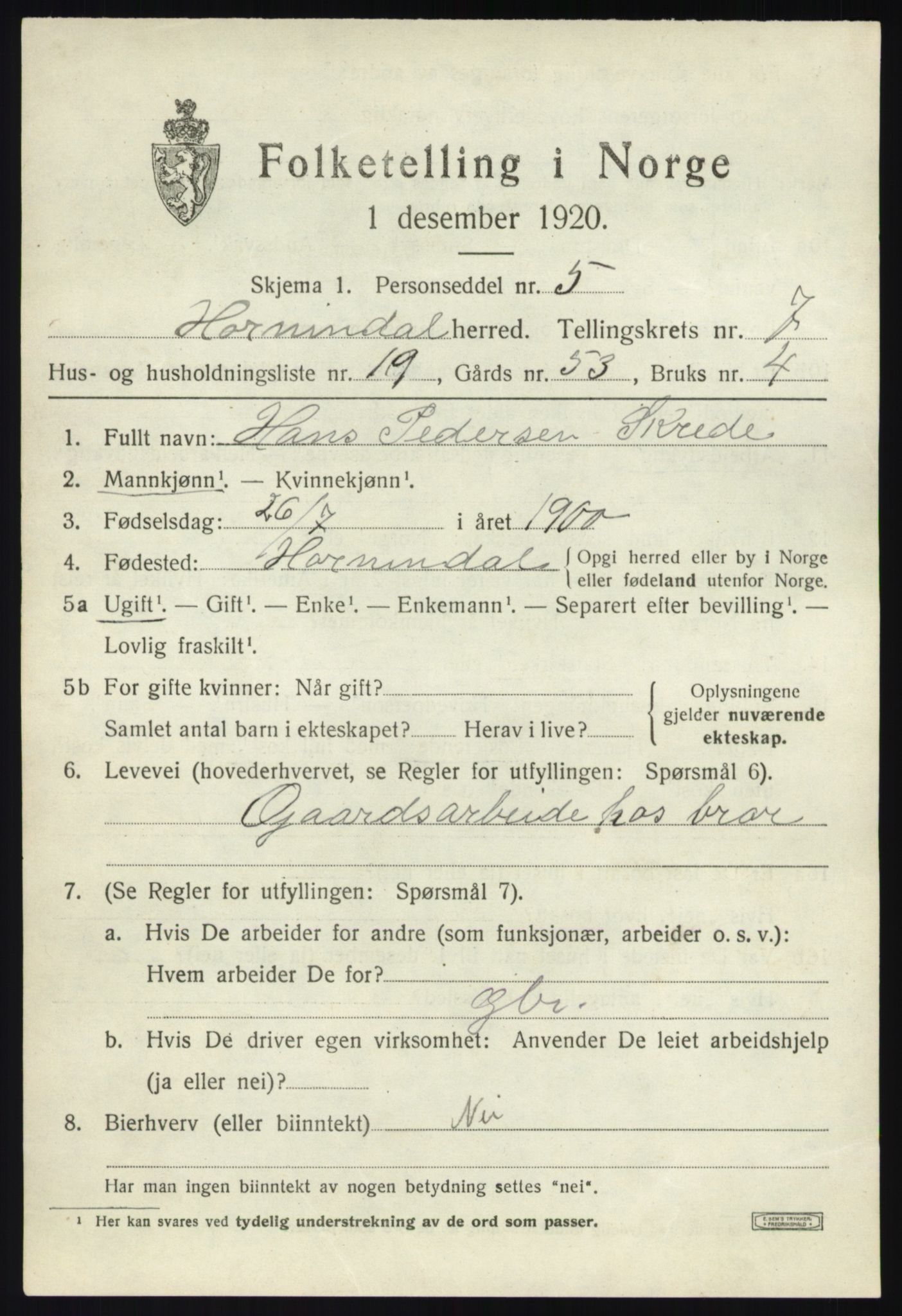 SAB, 1920 census for Hornindal, 1920, p. 3796