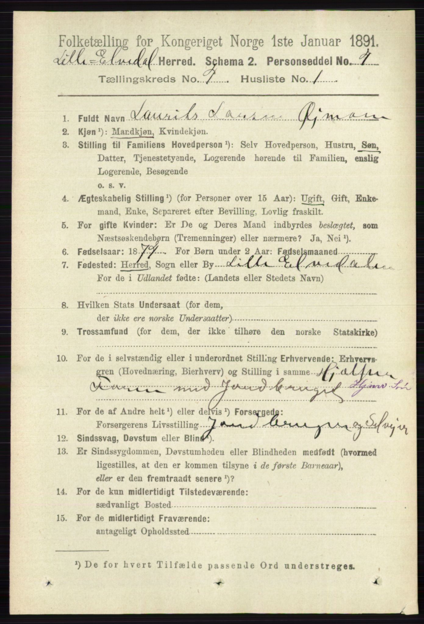 RA, 1891 census for 0438 Lille Elvedalen, 1891, p. 1327