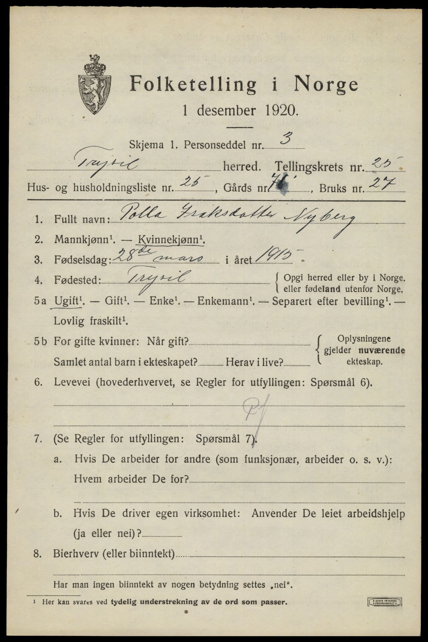 SAH, 1920 census for Trysil, 1920, p. 15981