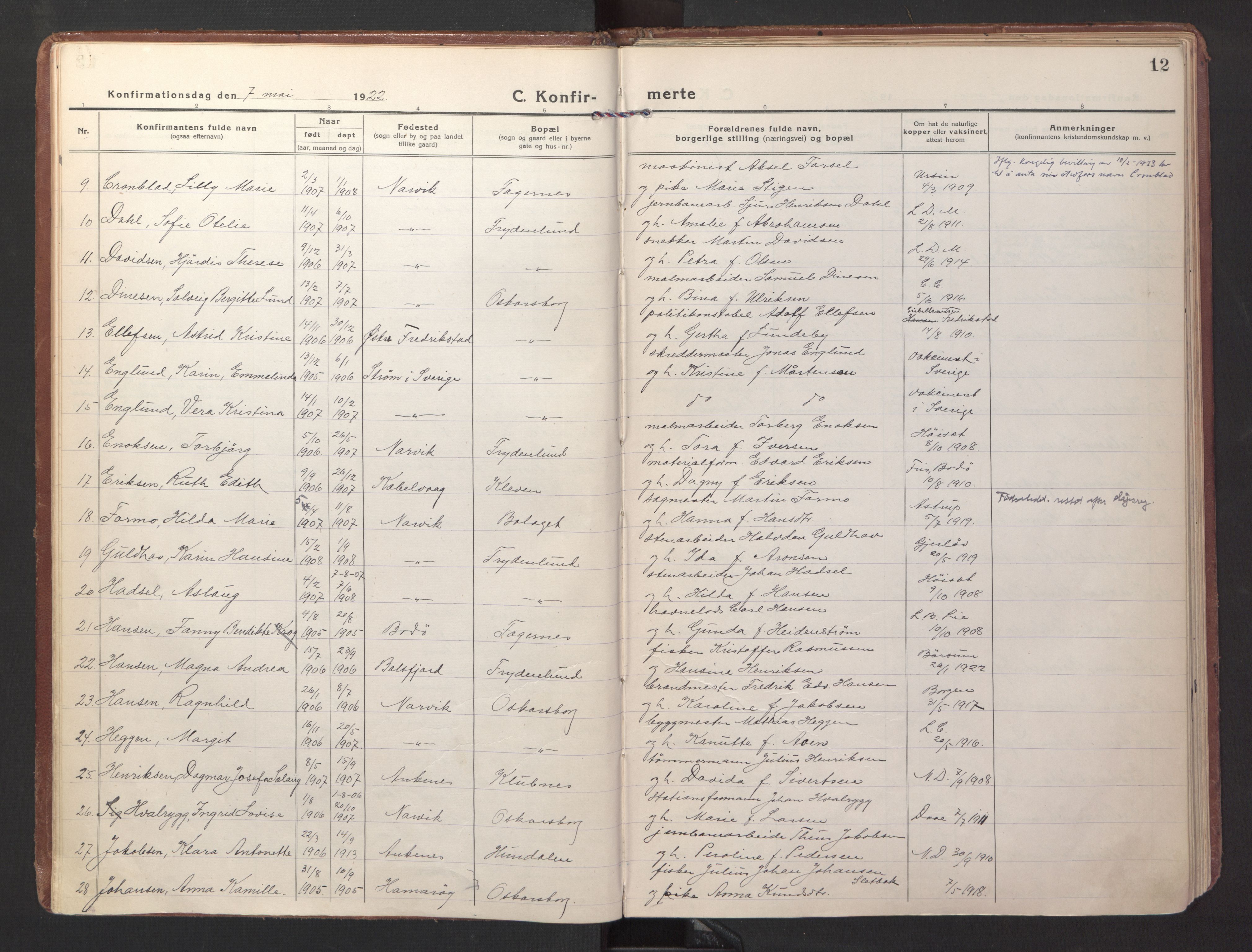 Ministerialprotokoller, klokkerbøker og fødselsregistre - Nordland, SAT/A-1459/871/L1004: Parish register (official) no. 871A20, 1921-1932, p. 12
