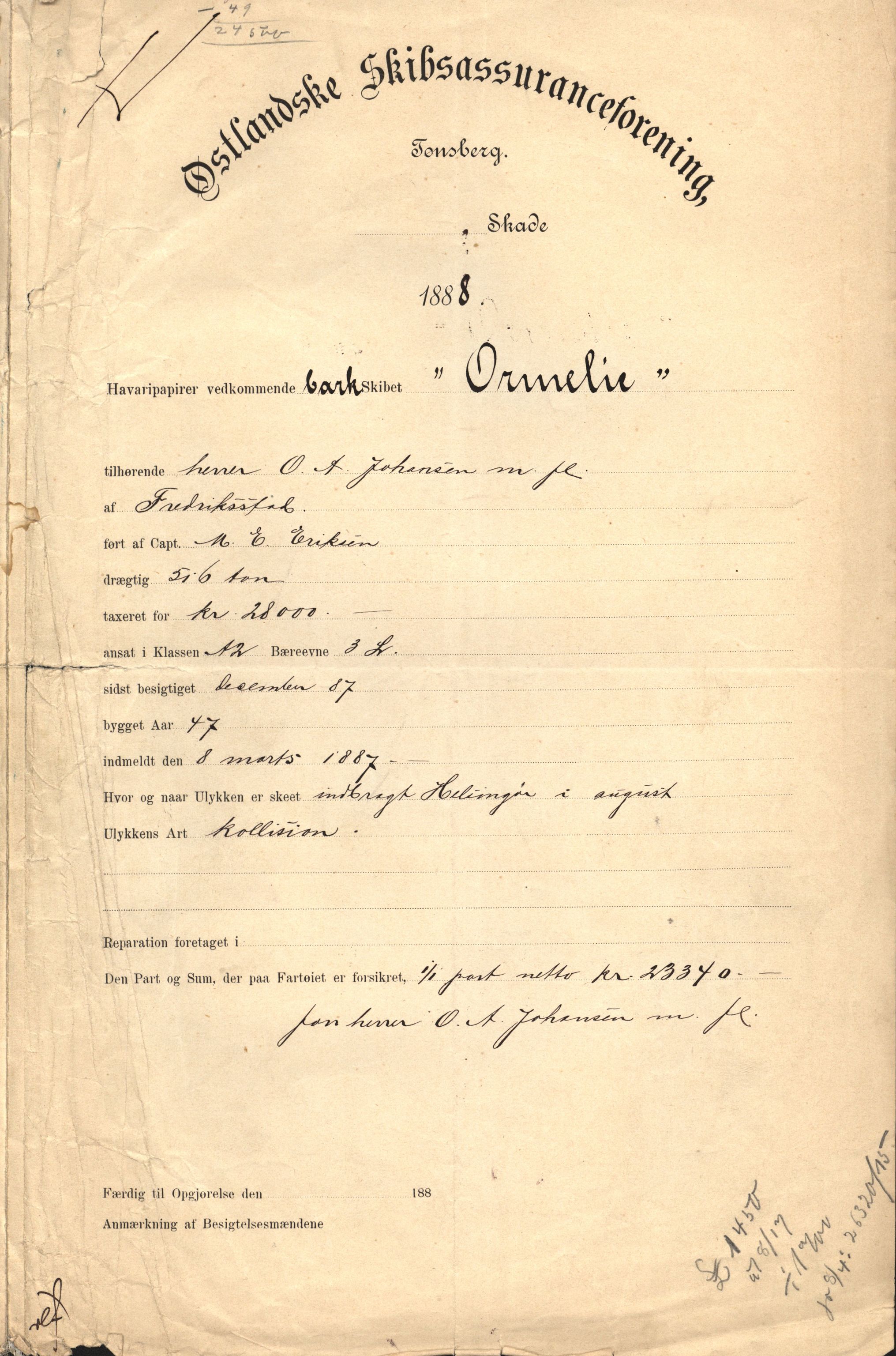 Pa 63 - Østlandske skibsassuranceforening, VEMU/A-1079/G/Ga/L0023/0005: Havaridokumenter / Ora Labora, Ormelie, 1888, p. 4