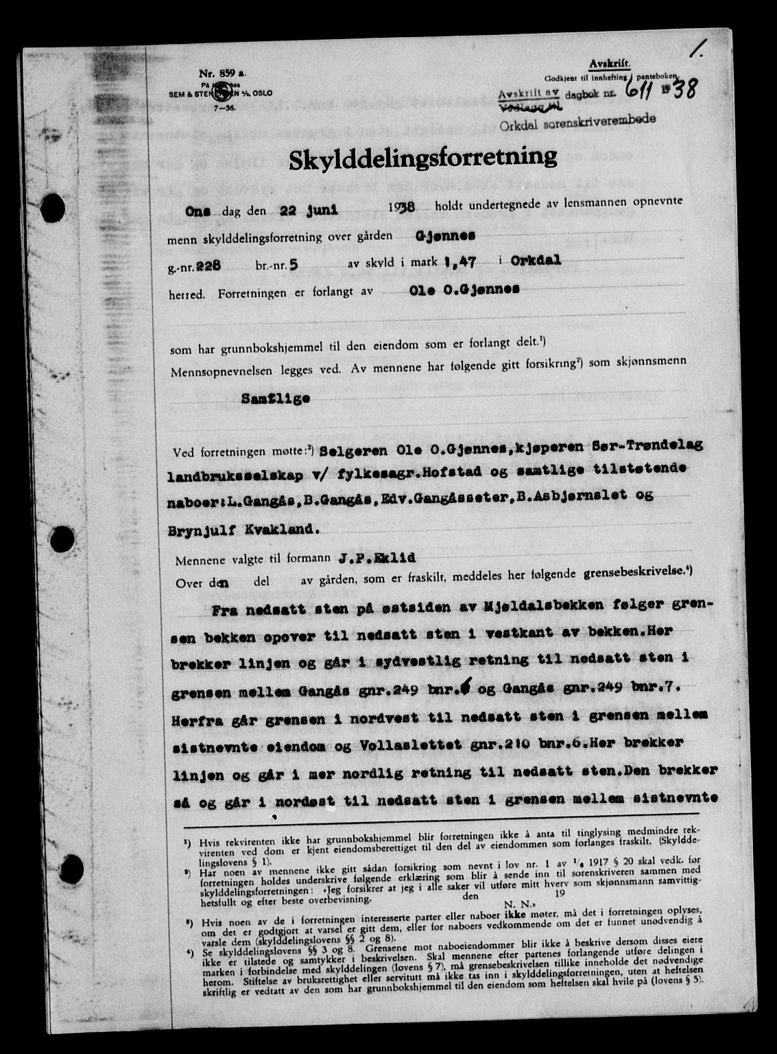 Orkdal sorenskriveri, AV/SAT-A-4169/1/2/2C/L0053: Mortgage book no. A3, 1938-1939, p. 0-1, Diary no: : 611/1938