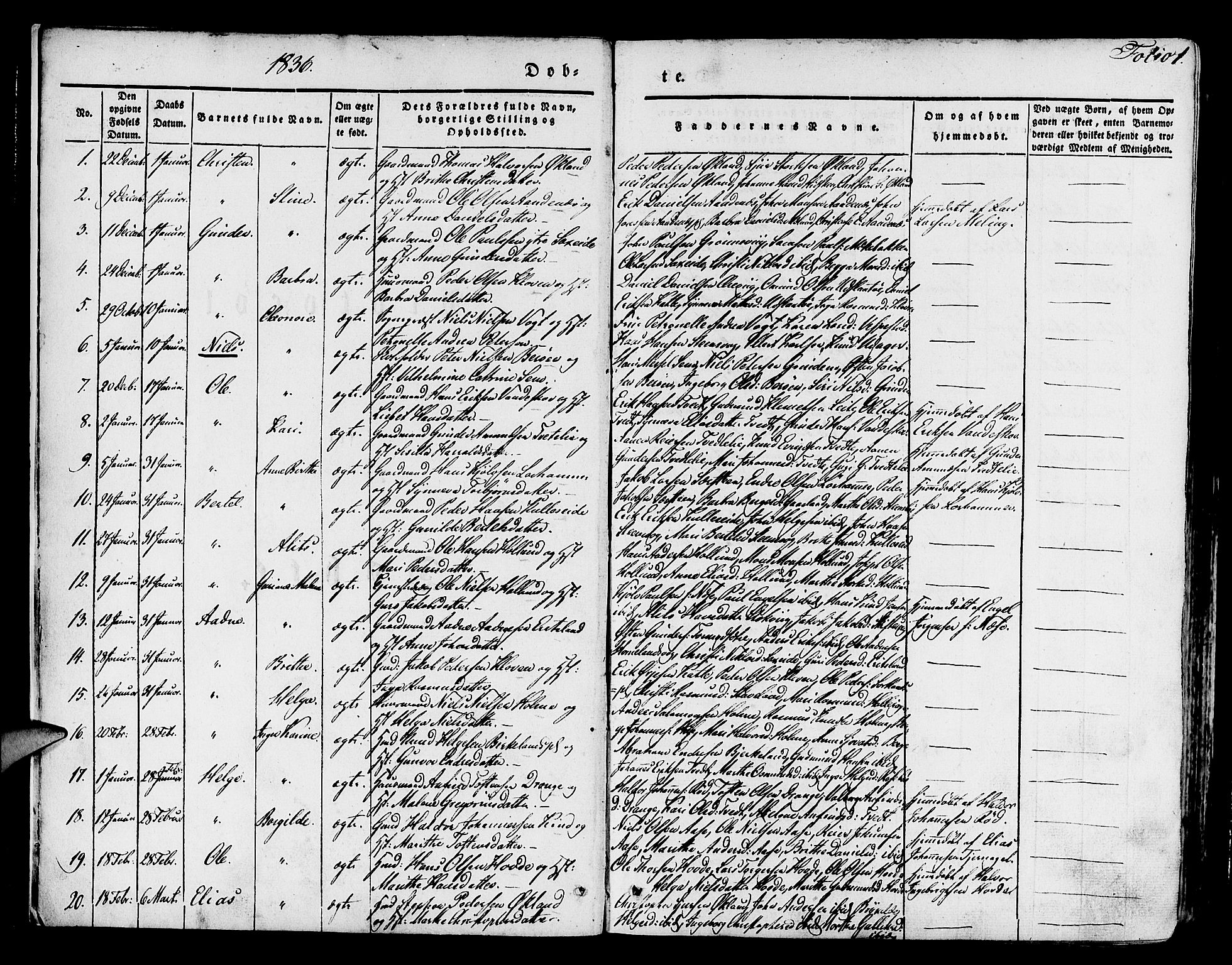 Finnås sokneprestembete, AV/SAB-A-99925/H/Ha/Haa/Haaa/L0006: Parish register (official) no. A 6, 1836-1850, p. 1