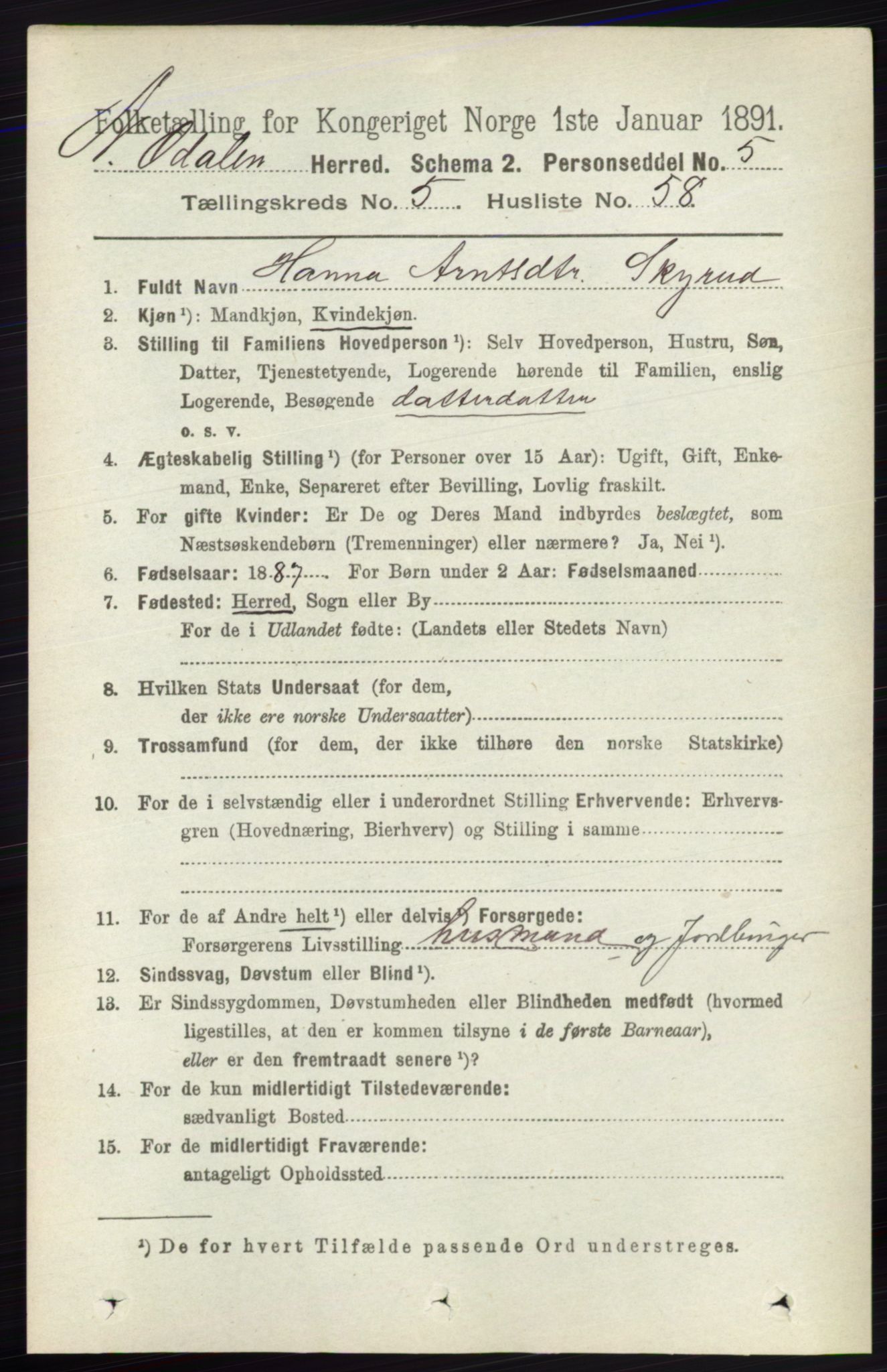RA, 1891 census for 0418 Nord-Odal, 1891, p. 1885