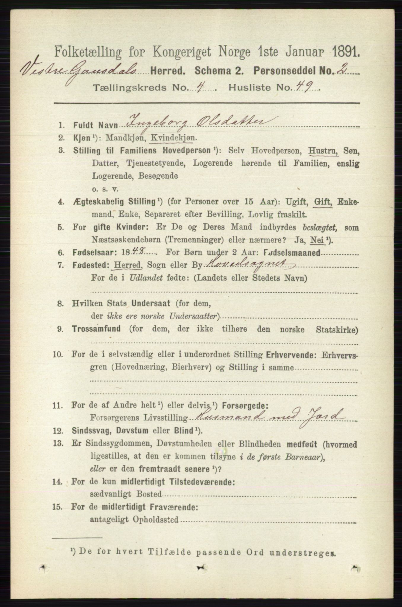 RA, 1891 census for 0523 Vestre Gausdal, 1891, p. 1981