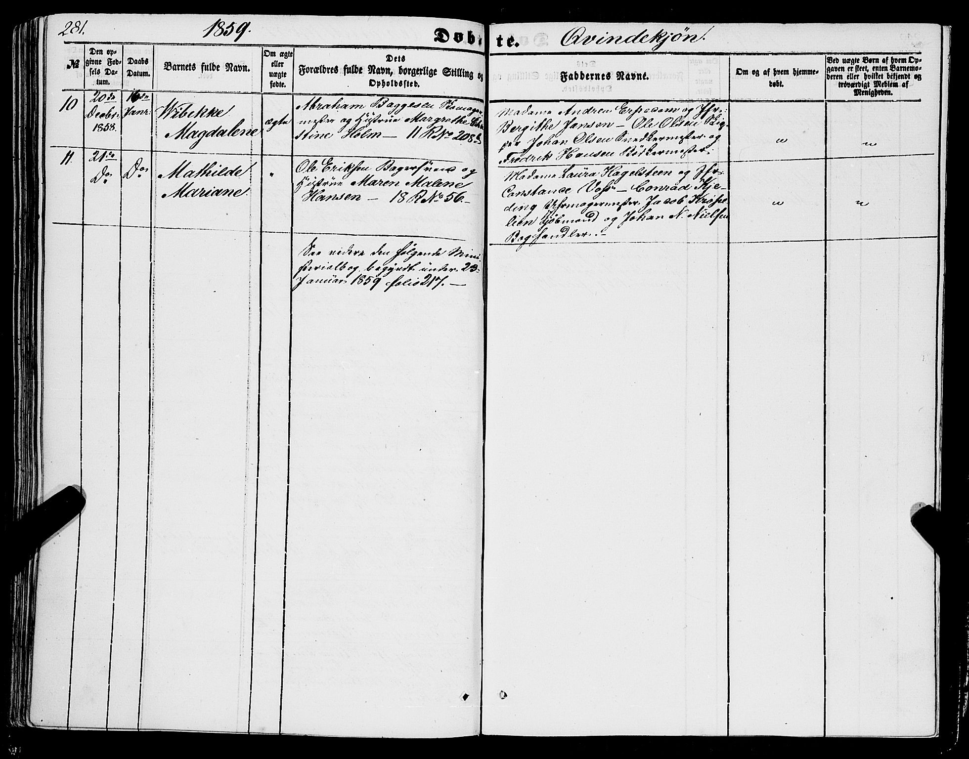 Domkirken sokneprestembete, AV/SAB-A-74801/H/Haa/L0020: Parish register (official) no. B 3, 1851-1859, p. 281