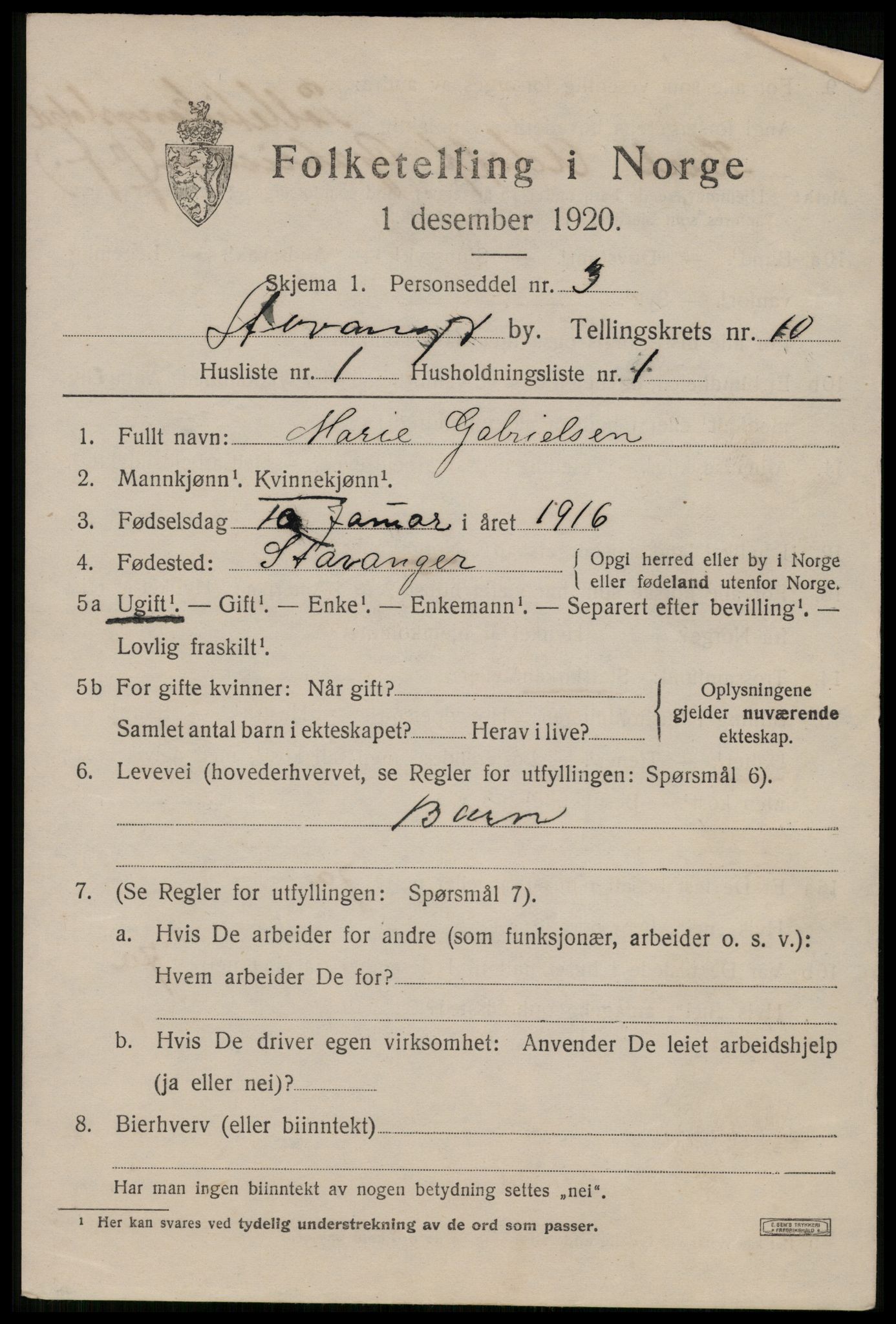 SAST, 1920 census for Stavanger, 1920, p. 51542