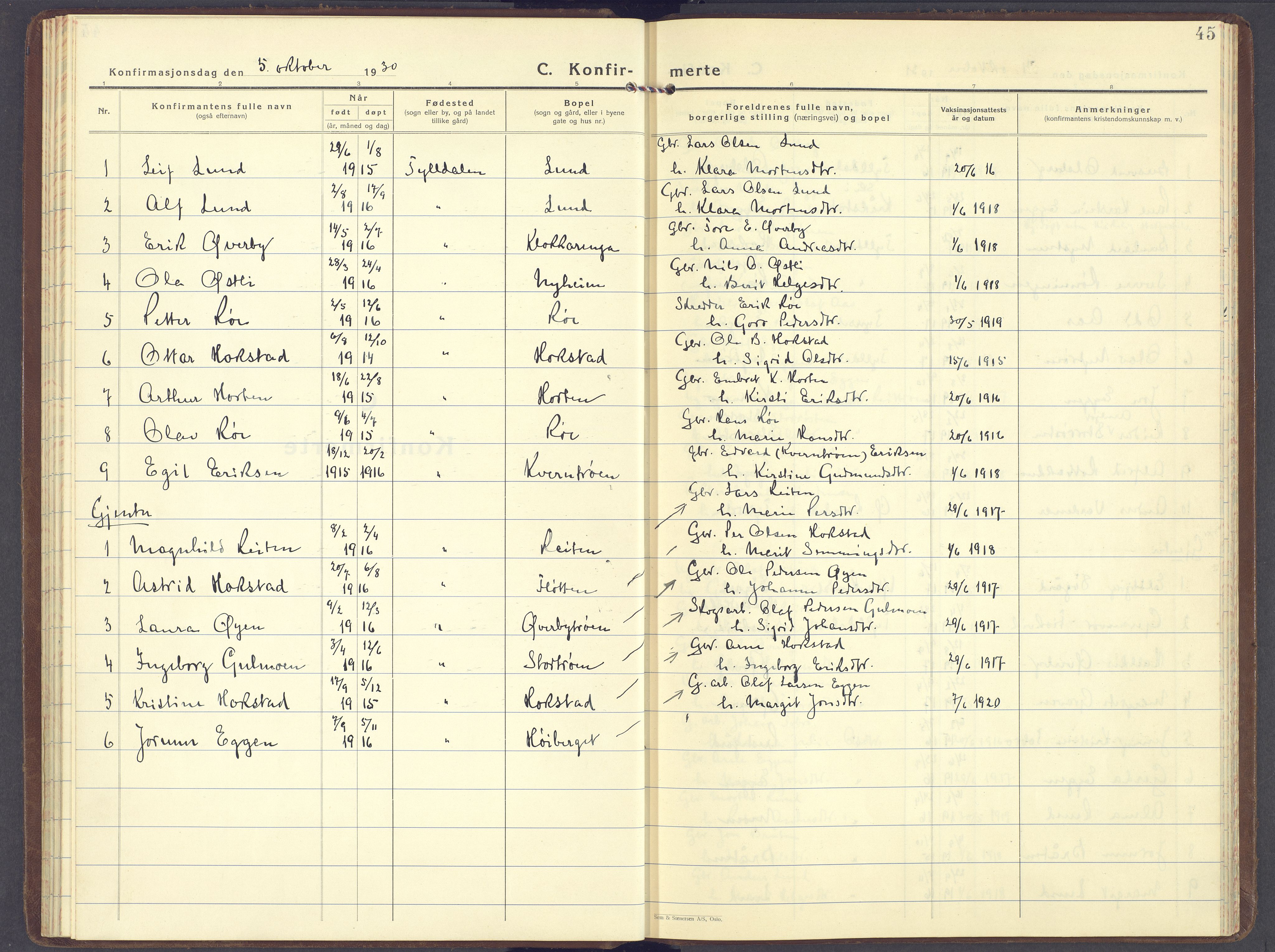 Tynset prestekontor, SAH/PREST-058/H/Ha/Haa/L0029: Parish register (official) no. 29, 1930-1946, p. 45