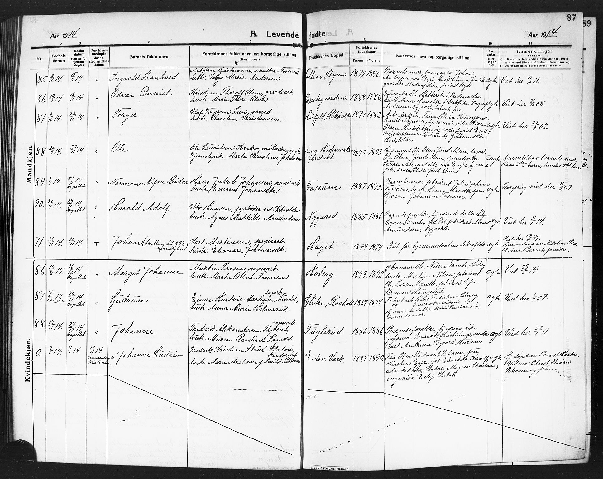 Eidsvoll prestekontor Kirkebøker, AV/SAO-A-10888/G/Ga/L0008: Parish register (copy) no. I 8, 1909-1918, p. 87