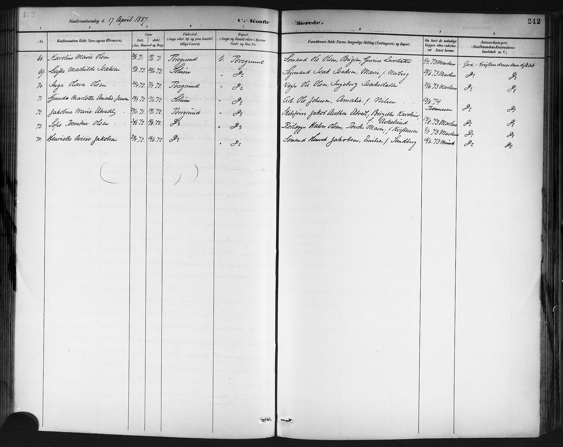 Porsgrunn kirkebøker , SAKO/A-104/G/Gb/L0005: Parish register (copy) no. II 5, 1883-1915, p. 242