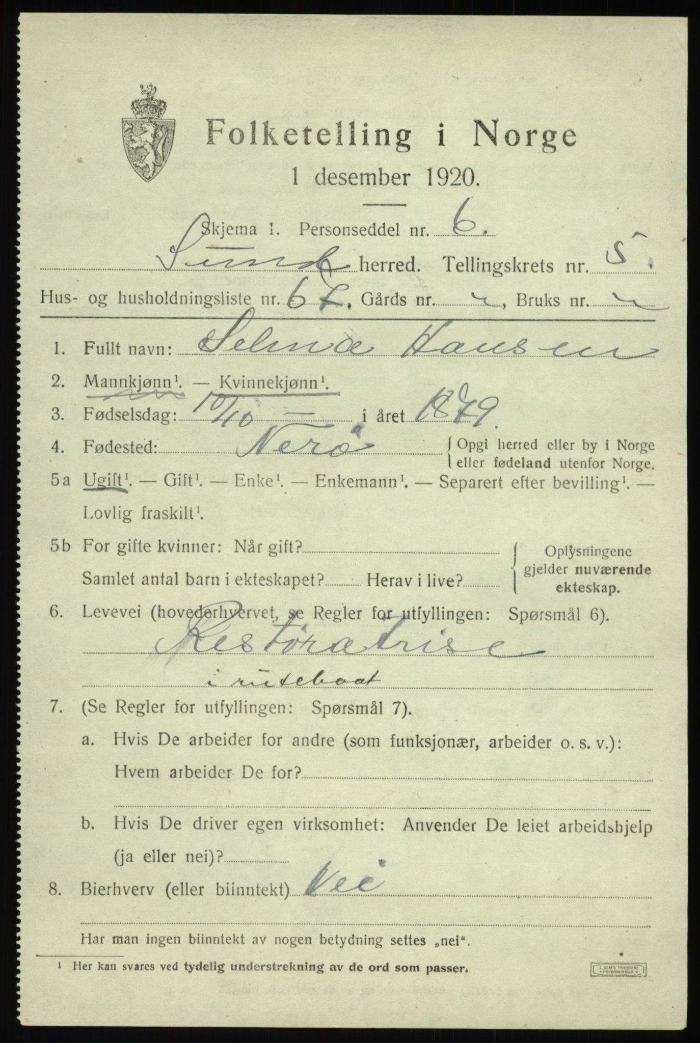 SAB, 1920 census for Sund, 1920, p. 3869