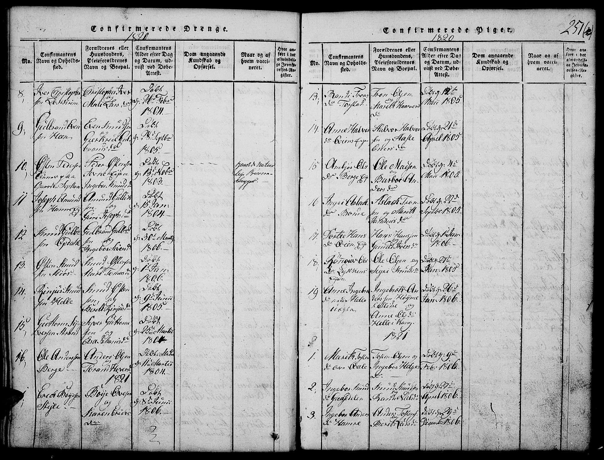 Vang prestekontor, Valdres, SAH/PREST-140/H/Hb/L0002: Parish register (copy) no. 2, 1814-1889, p. 251b