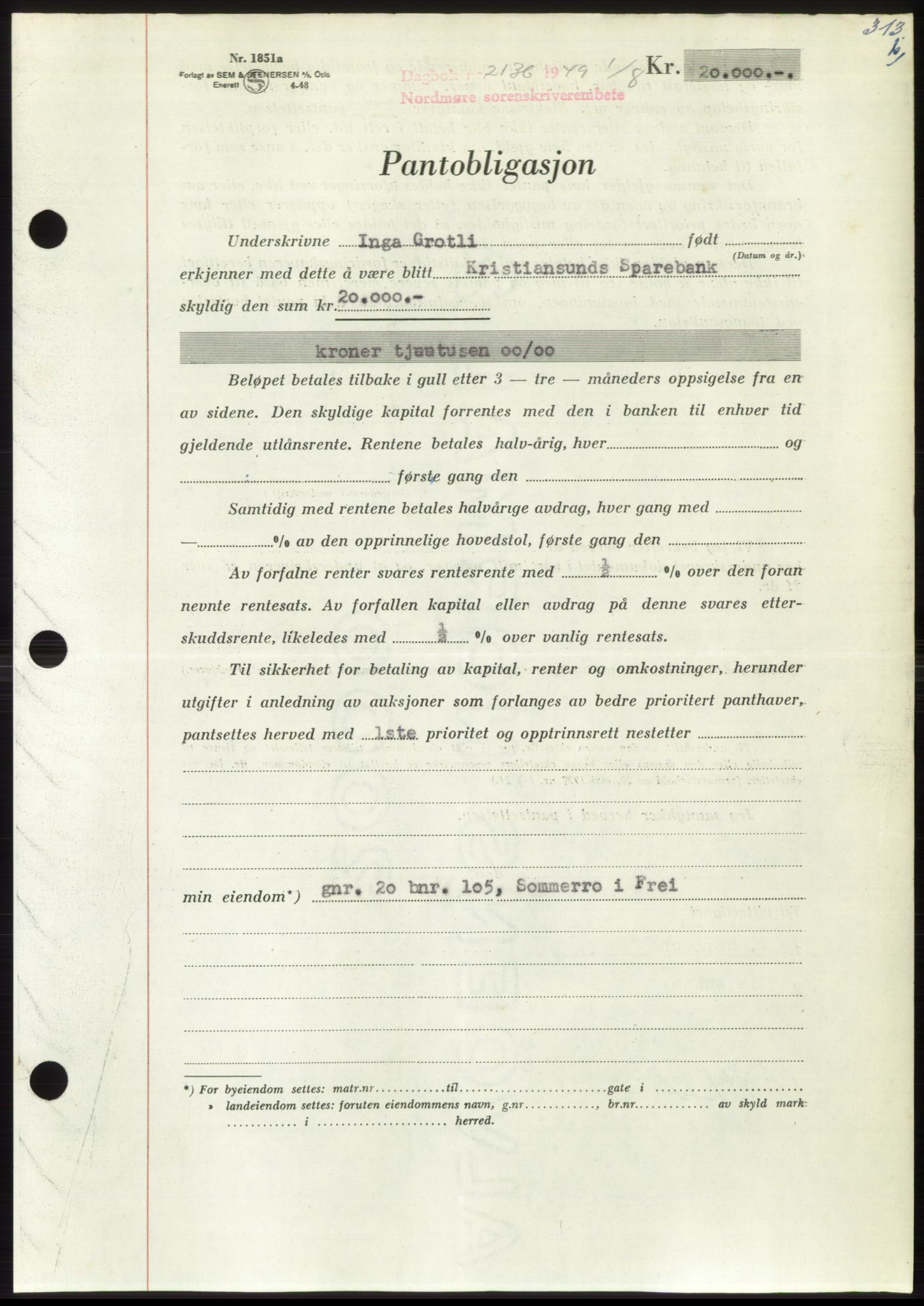 Nordmøre sorenskriveri, AV/SAT-A-4132/1/2/2Ca: Mortgage book no. B102, 1949-1949, Diary no: : 2136/1949