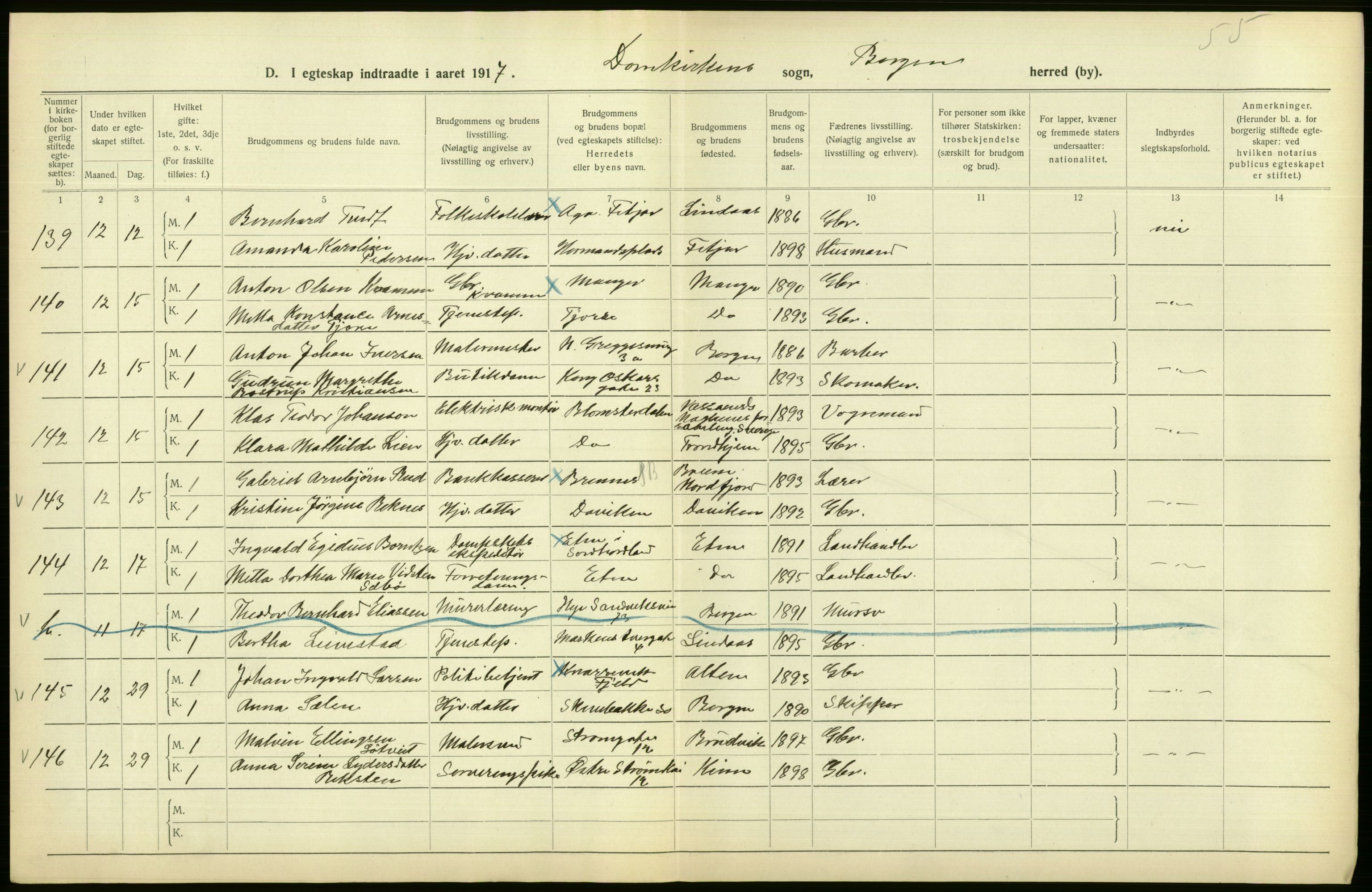 Statistisk sentralbyrå, Sosiodemografiske emner, Befolkning, AV/RA-S-2228/D/Df/Dfb/Dfbg/L0038: Bergen: Gifte, døde, dødfødte., 1917, p. 36