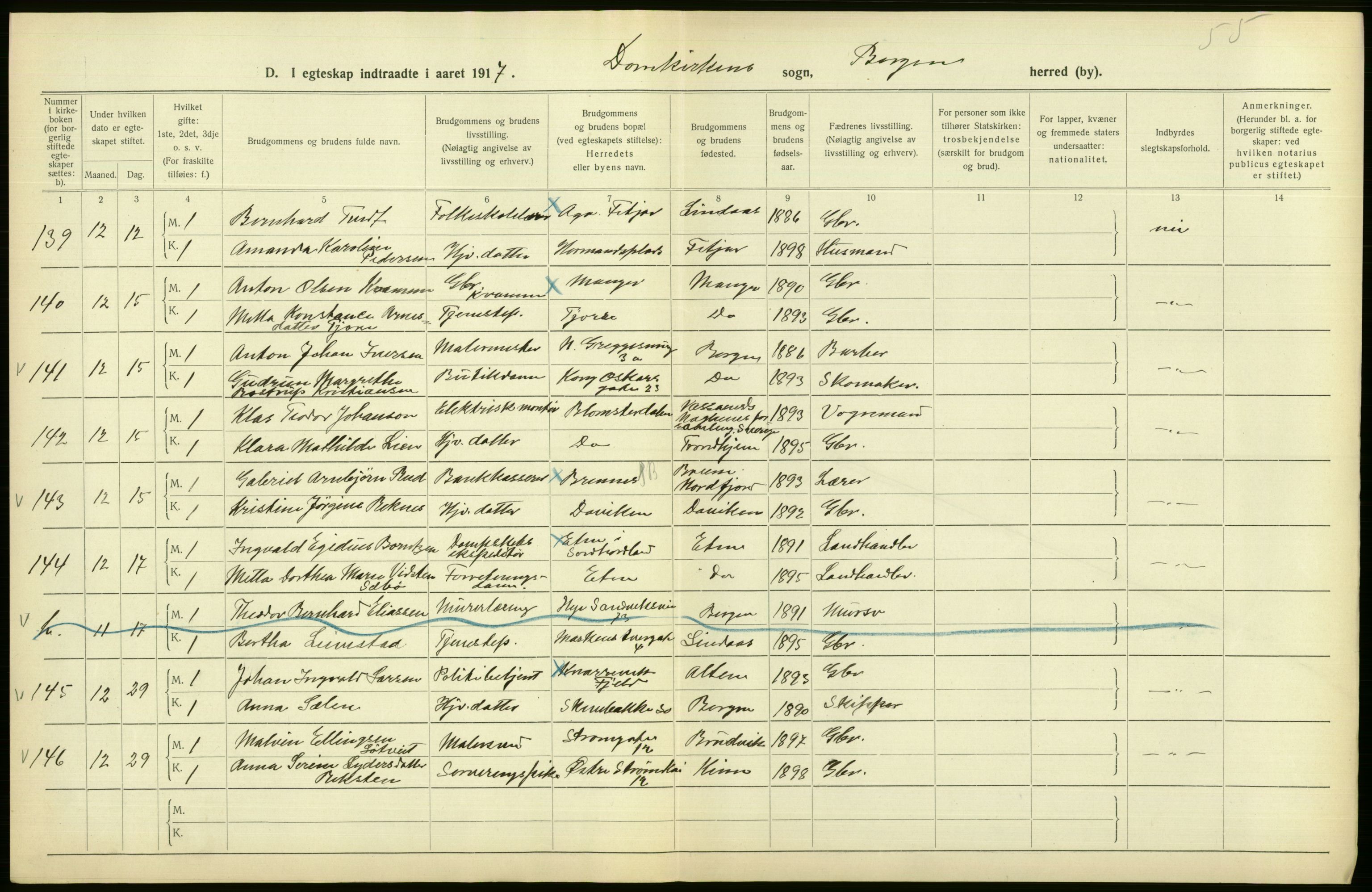 Statistisk sentralbyrå, Sosiodemografiske emner, Befolkning, RA/S-2228/D/Df/Dfb/Dfbg/L0038: Bergen: Gifte, døde, dødfødte., 1917, p. 36