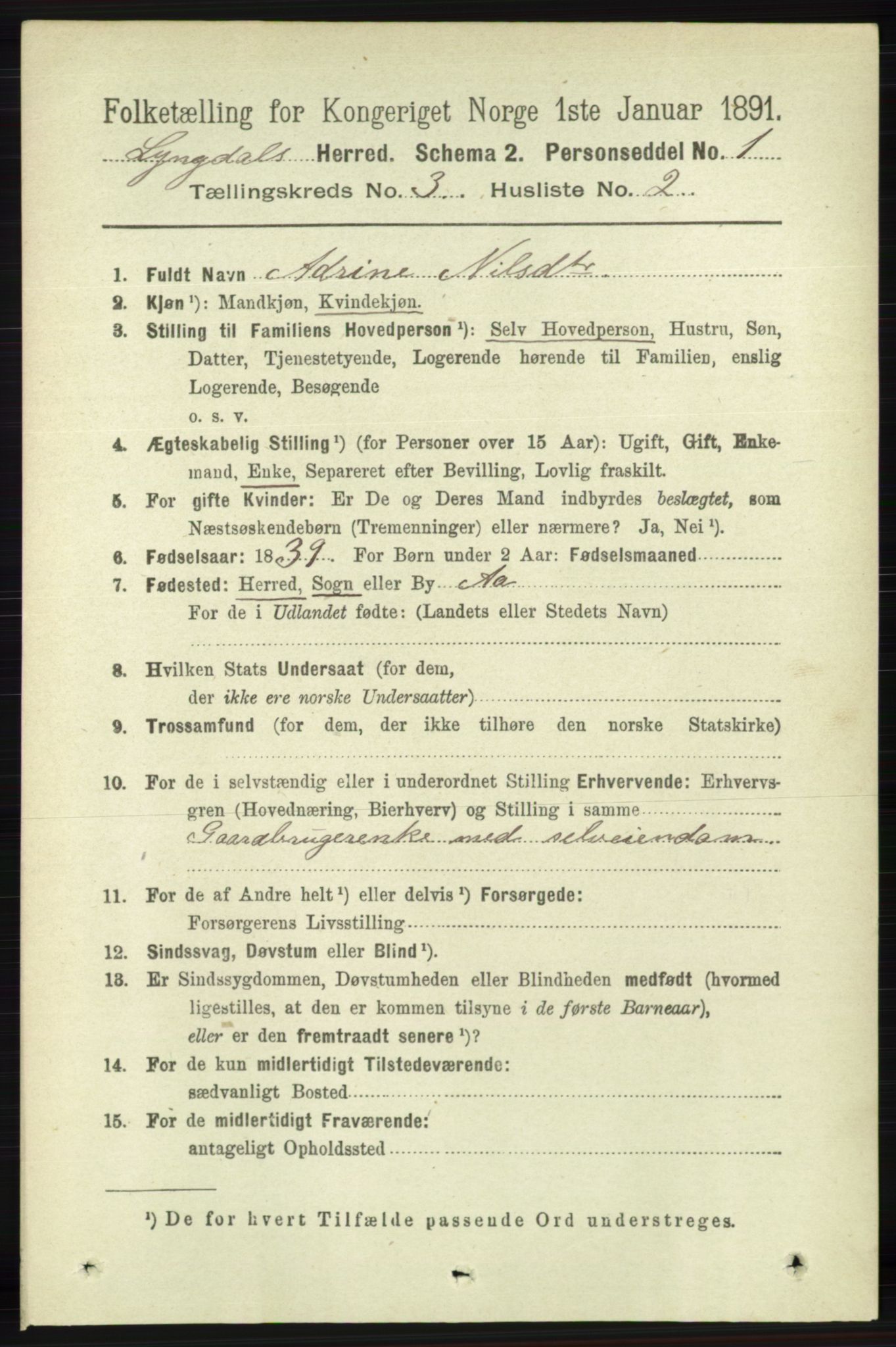 RA, 1891 census for 1032 Lyngdal, 1891, p. 1089