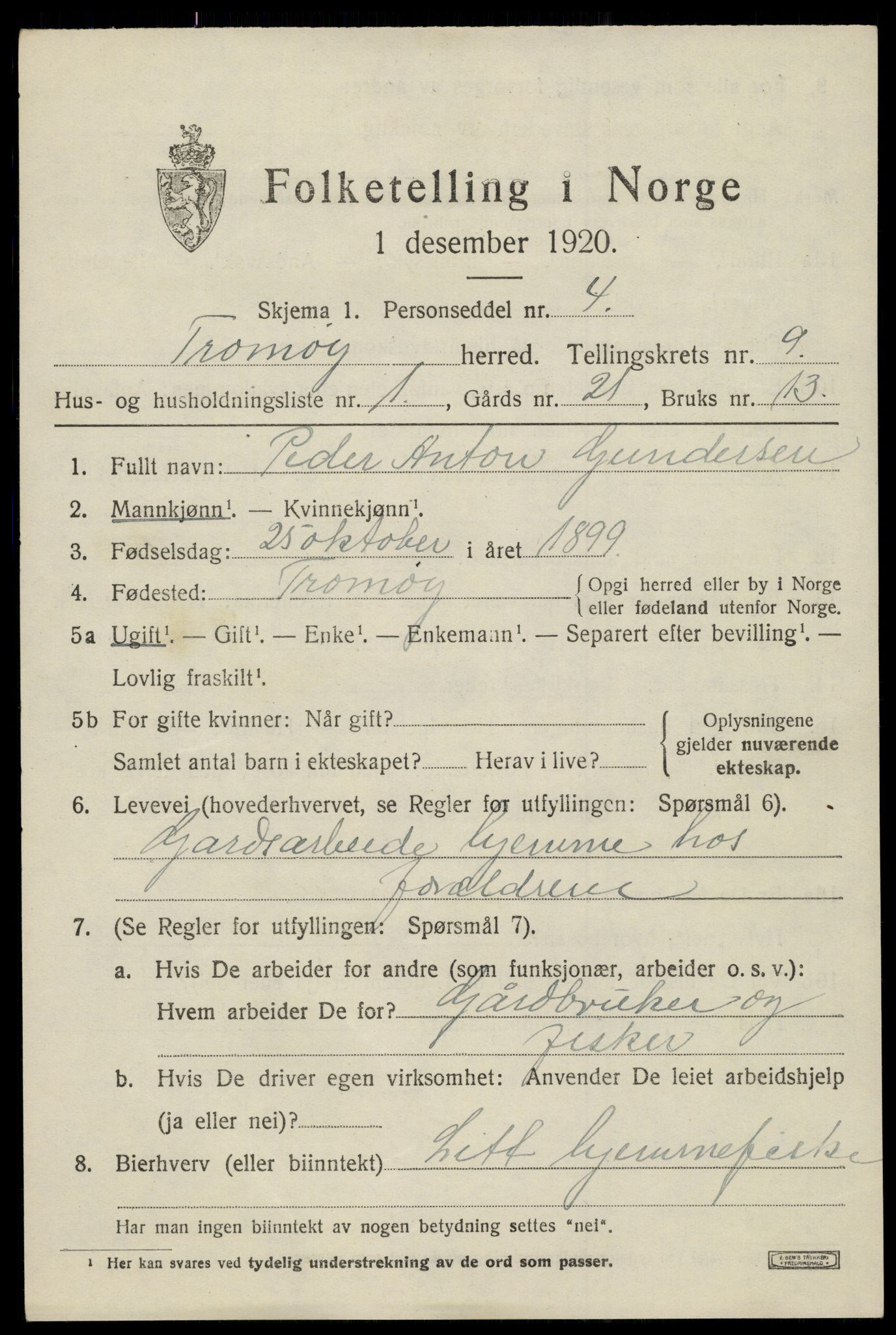 SAK, 1920 census for Tromøy, 1920, p. 5873