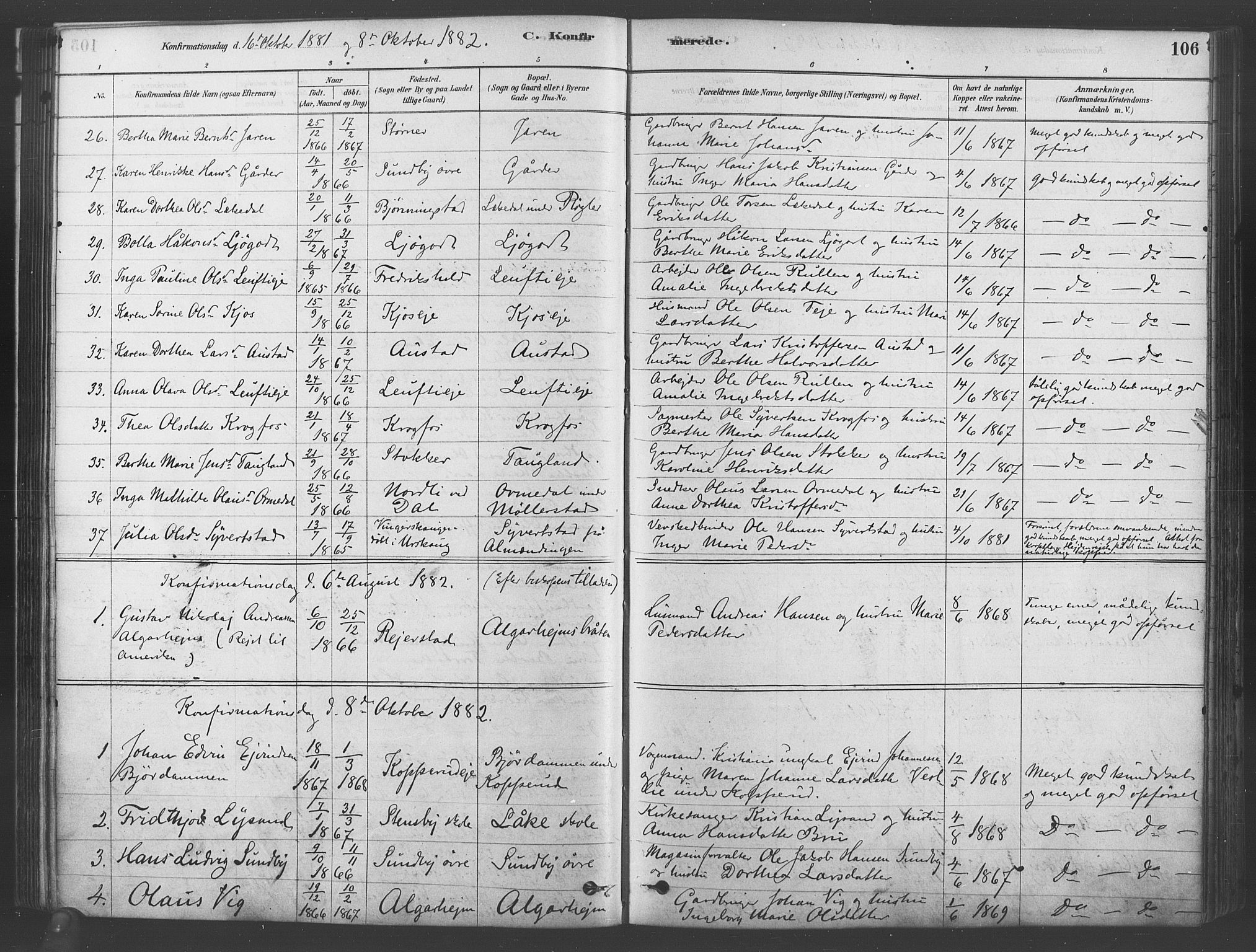 Ullensaker prestekontor Kirkebøker, SAO/A-10236a/F/Fb/L0001: Parish register (official) no. II 1, 1878-1893, p. 106