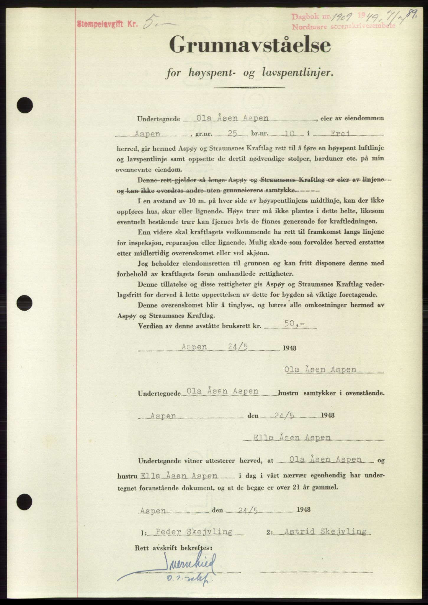 Nordmøre sorenskriveri, AV/SAT-A-4132/1/2/2Ca: Mortgage book no. B102, 1949-1949, Diary no: : 1909/1949