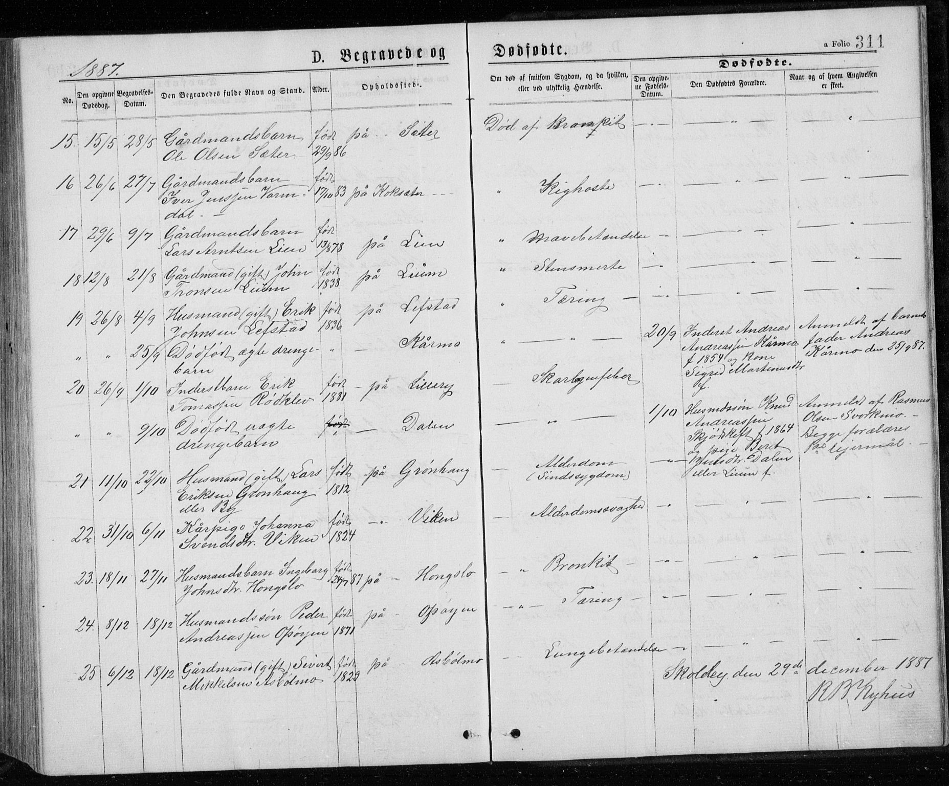 Ministerialprotokoller, klokkerbøker og fødselsregistre - Sør-Trøndelag, SAT/A-1456/671/L0843: Parish register (copy) no. 671C02, 1873-1892, p. 311