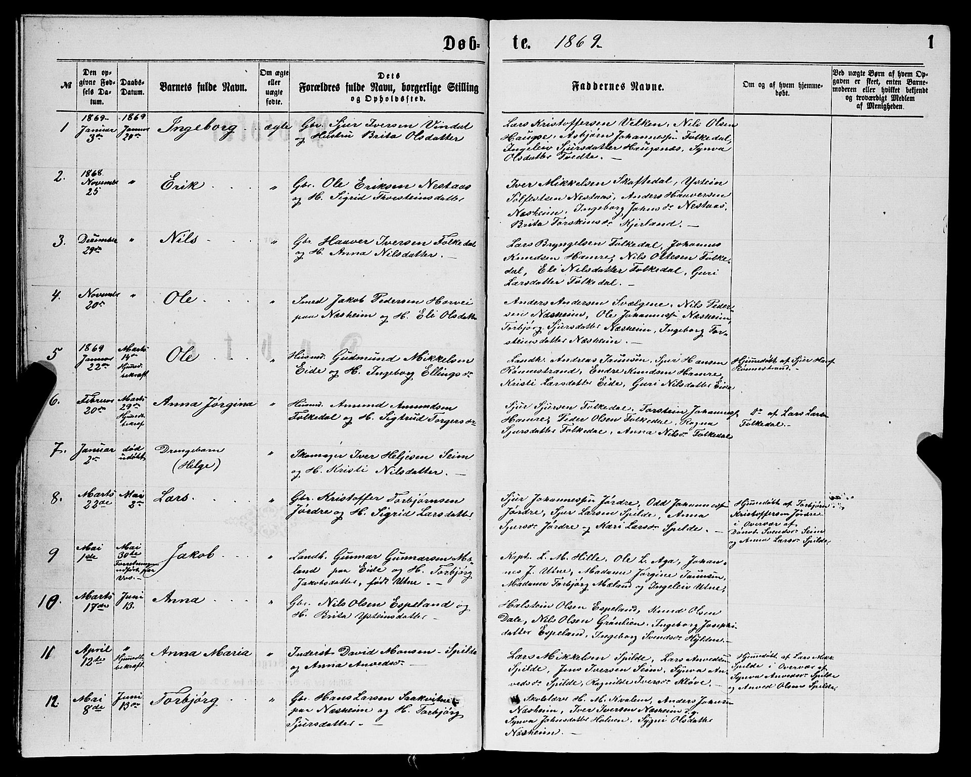 Ulvik sokneprestembete, SAB/A-78801/H/Hab: Parish register (copy) no. B 2, 1869-1883, p. 1